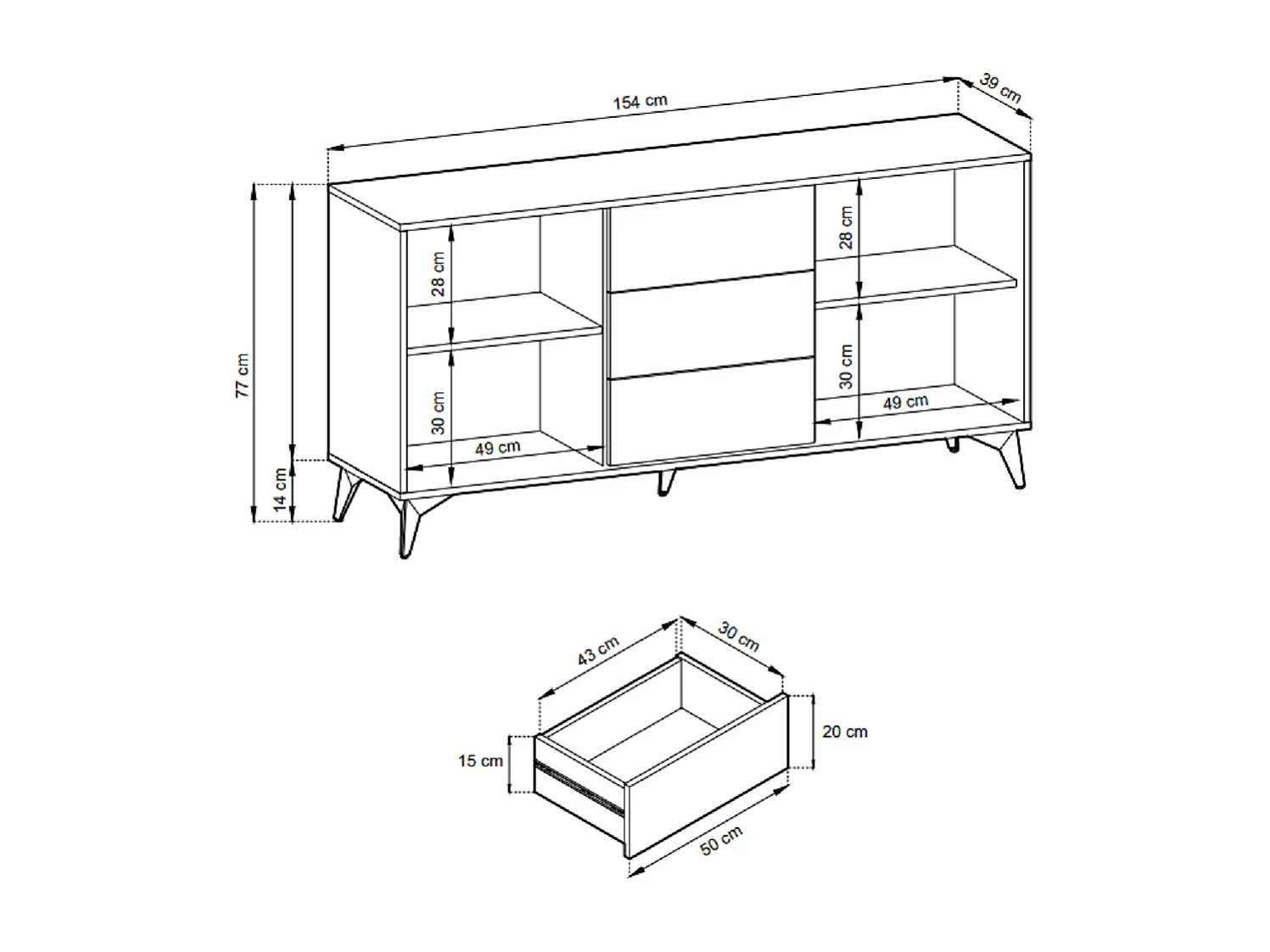 Commode 150 cm Emerald - pieds, 3 tiroirs, 2 portes, chêne Evoke