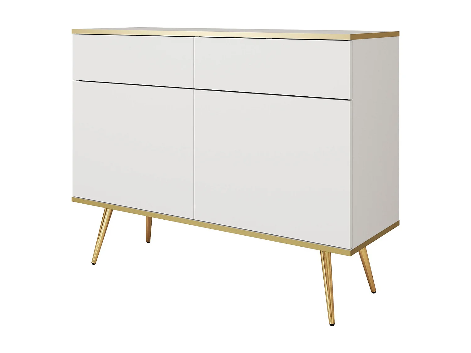 Commode avec tiroirs 107 cm Rodi, 2 portes, sur pieds - meuble de salon, blanc + or