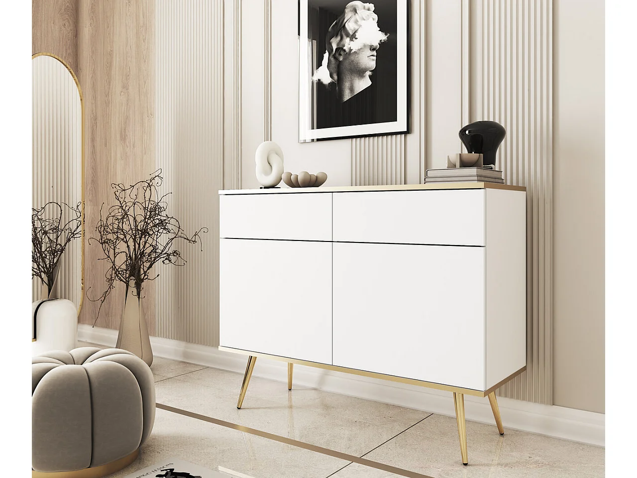 Commode avec tiroirs 107 cm Rodi, 2 portes, sur pieds - meuble de salon, blanc + or
