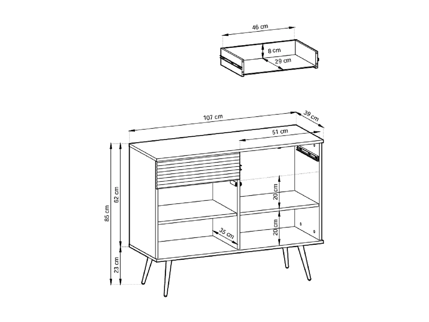 Commode avec tiroirs 107 cm Rodi, 2 portes, sur pieds - meuble de salon, blanc + or