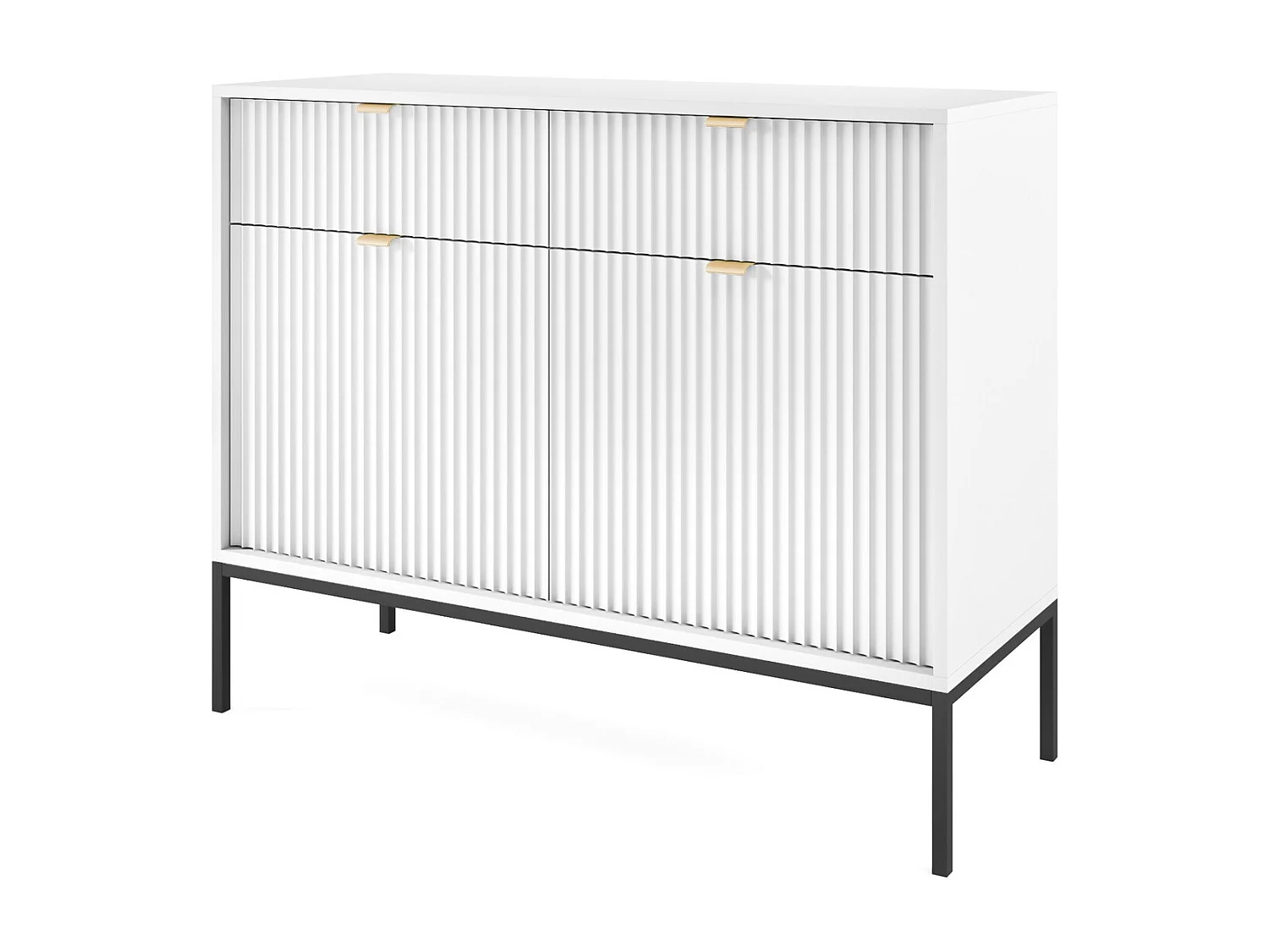 Sideboard op poten Galla - dressoir 100 cm, 2 lades, geribbelde fronten, wit + zwart