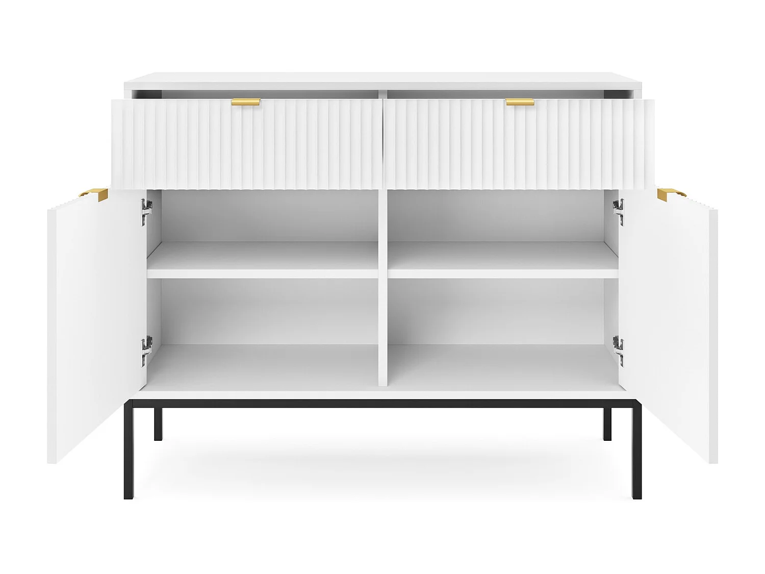 Sideboard op poten Galla - dressoir 100 cm, 2 lades, geribbelde fronten, wit + zwart