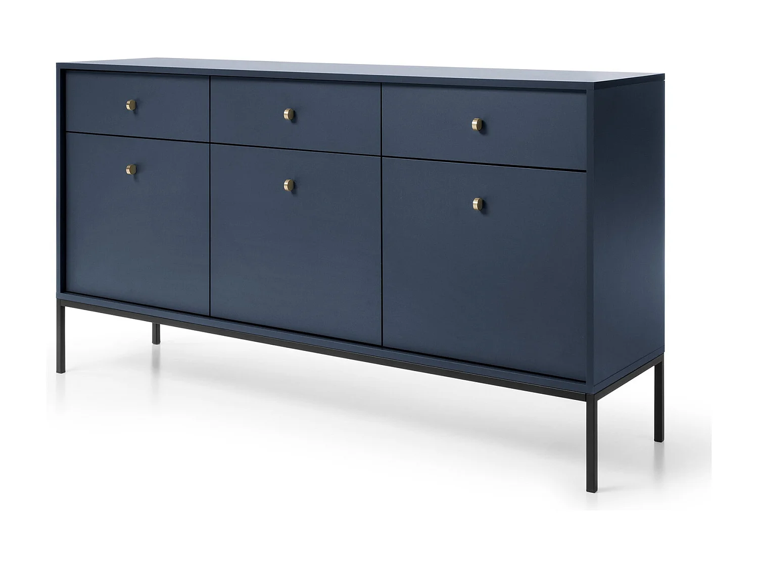 Commode 150 cm Monti - commode avec 3 tiroirs, 3 portes, pieds - bleu marine + noir