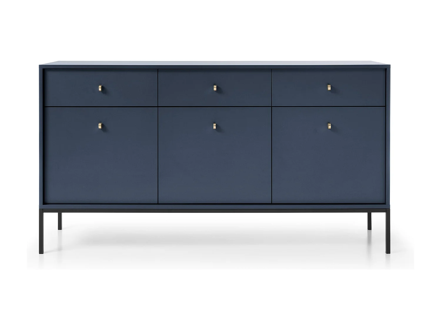 Commode 150 cm Monti - commode avec 3 tiroirs, 3 portes, pieds - bleu marine + noir
