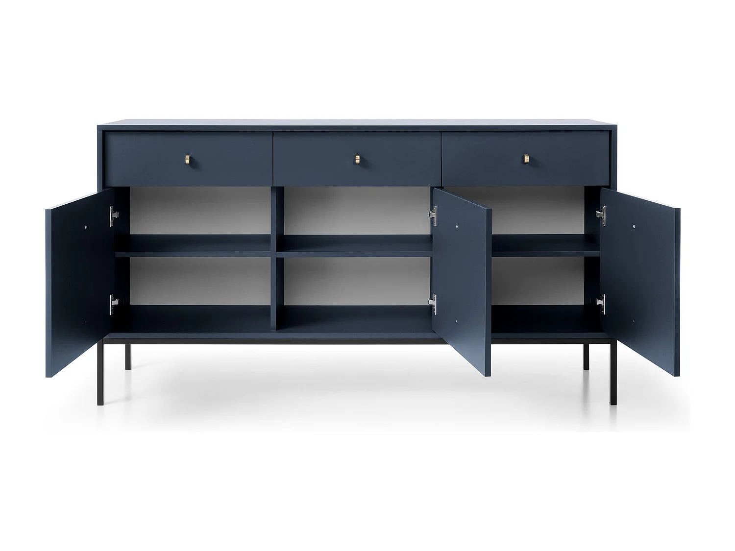 Commode 150 cm Monti - commode avec 3 tiroirs, 3 portes, pieds - bleu marine + noir