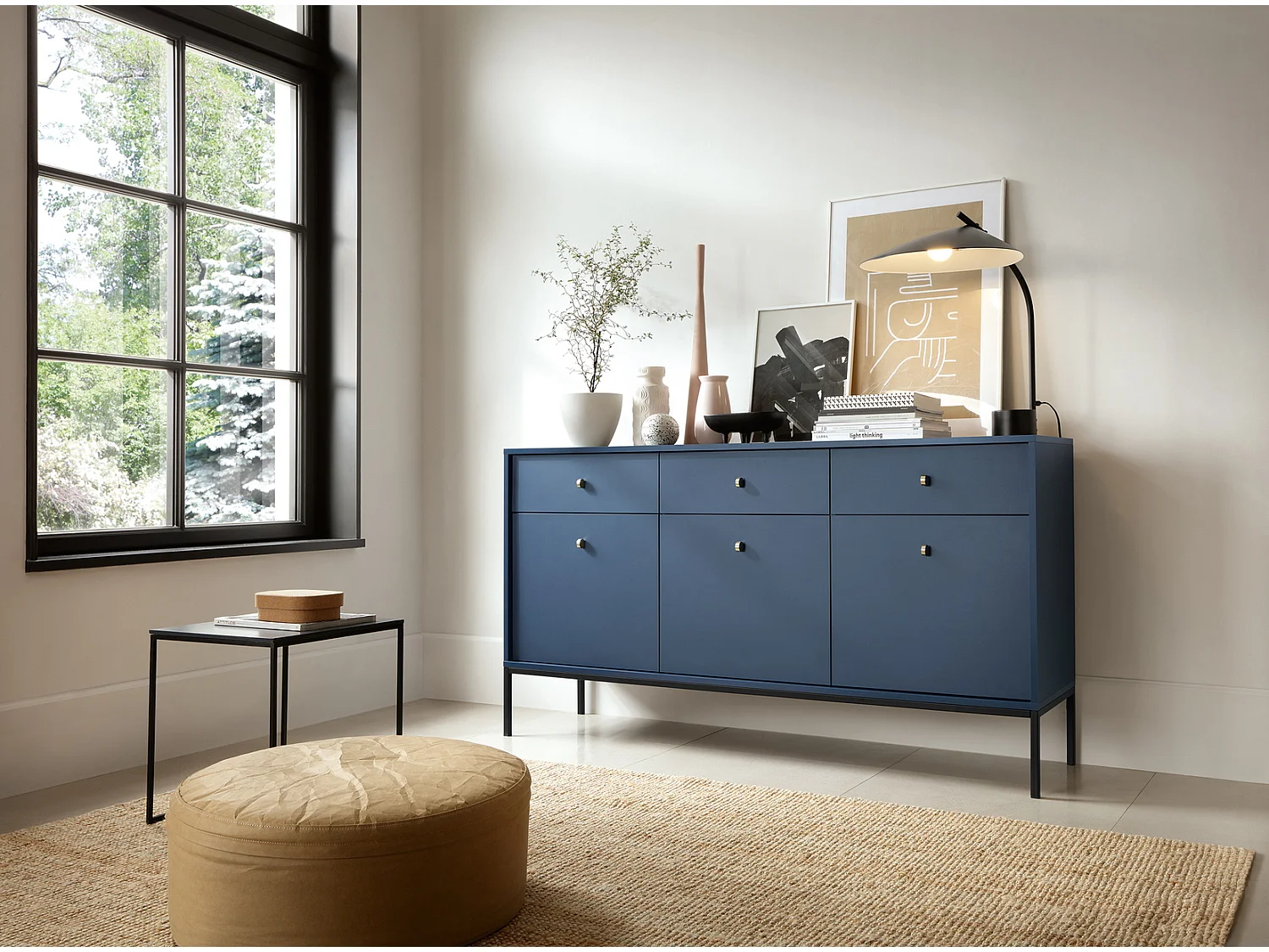 Commode 150 cm Monti - commode avec 3 tiroirs, 3 portes, pieds - bleu marine + noir