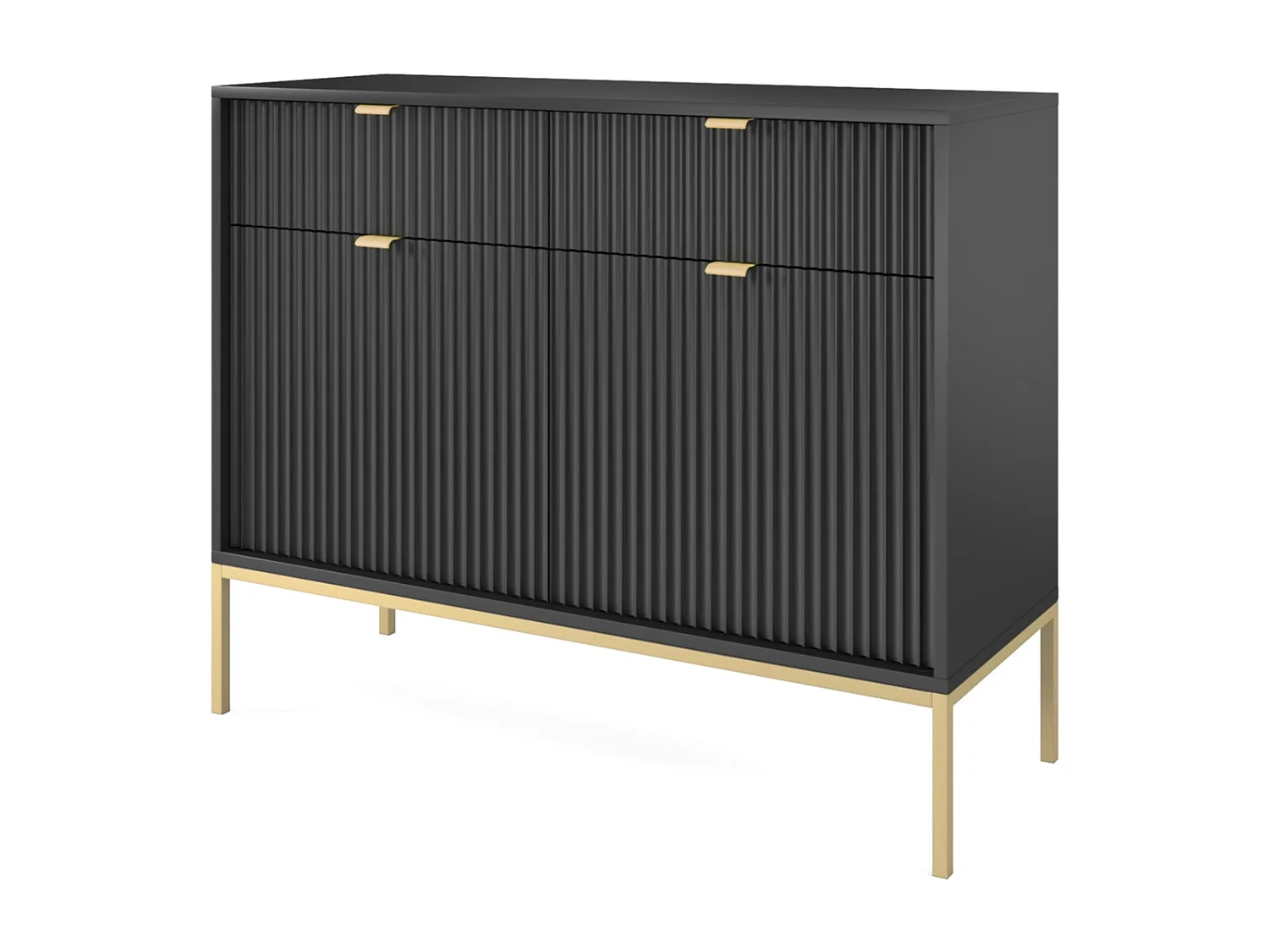 Commode pour salon Galla - Commode 100 cm, 2 tiroirs, façades ondulées, Noir + Or