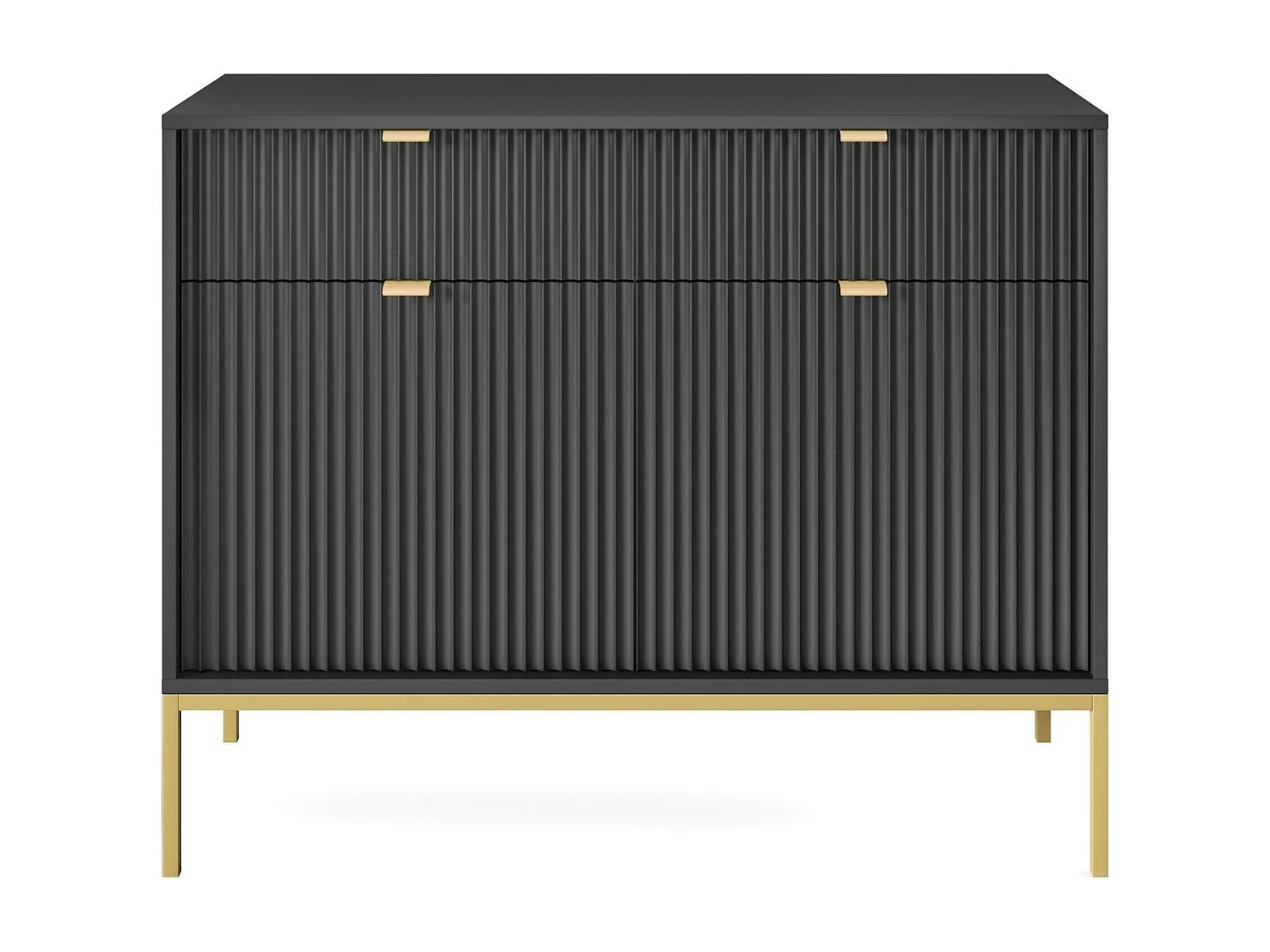 Commode pour salon Galla - Commode 100 cm, 2 tiroirs, façades ondulées, Noir + Or