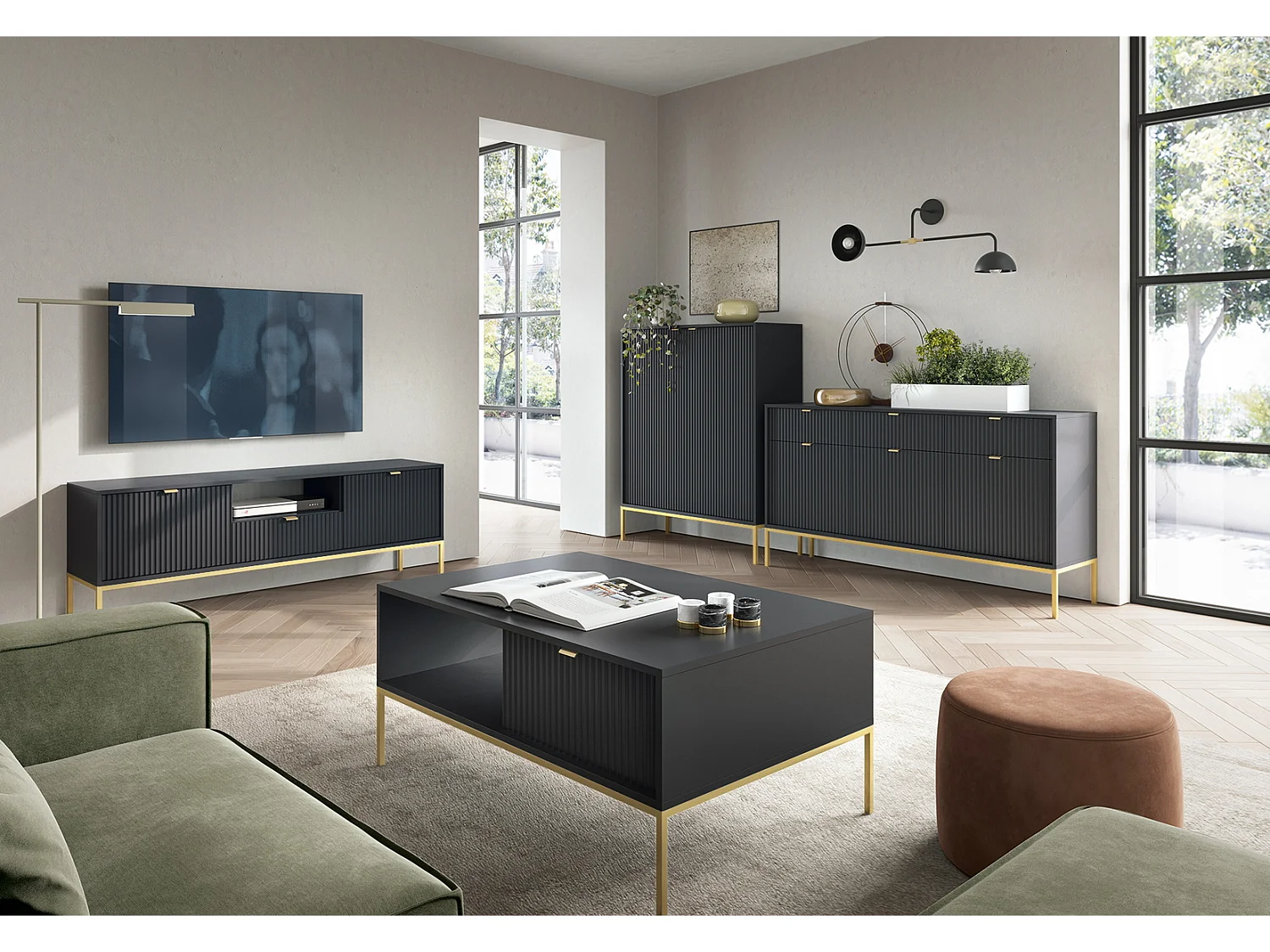Commode pour salon Galla - Commode 100 cm, 2 tiroirs, façades ondulées, Noir + Or