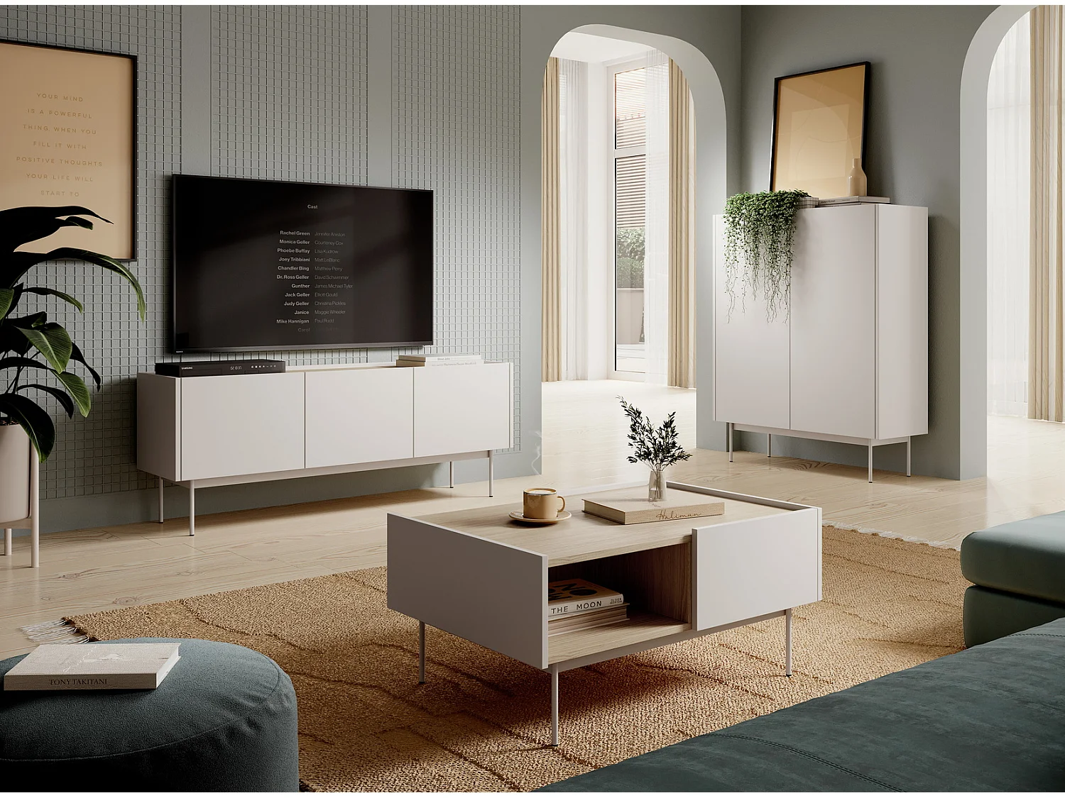 Commode 3 deuren Laris op poten - dressoir 145 cm, modern, kasjmier