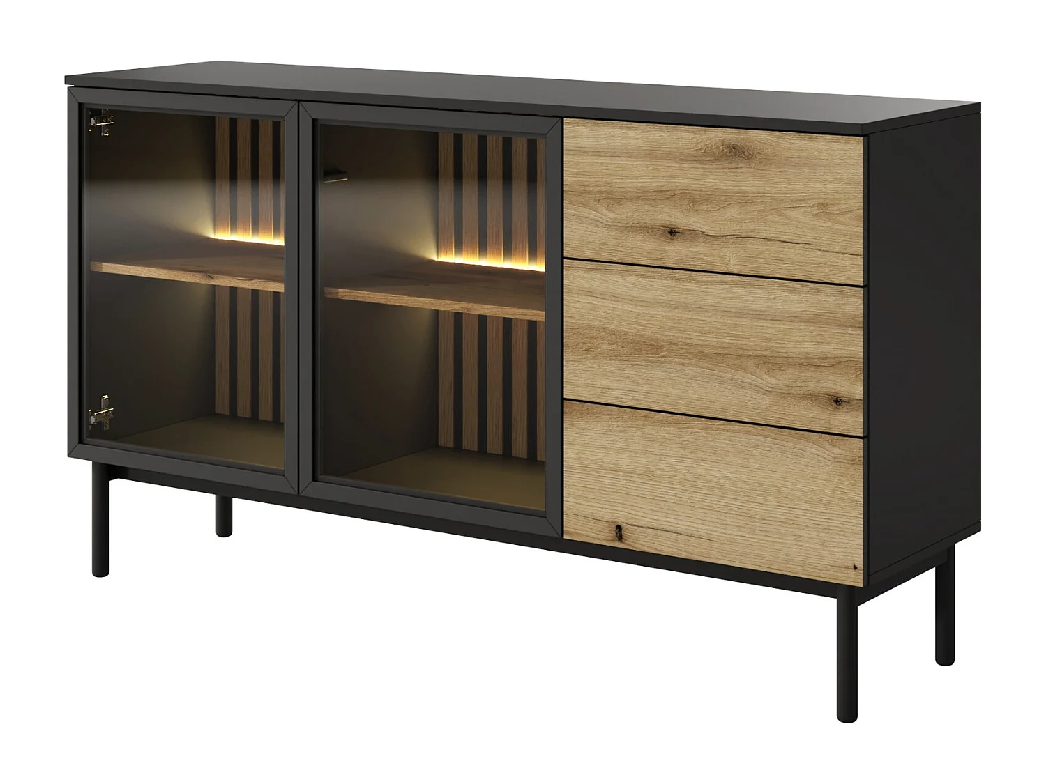 Commode 150 cm avec LED Jotare, pieds noirs 20 cm - commode avec tiroirs, 2 portes en verre - chêne Evoke