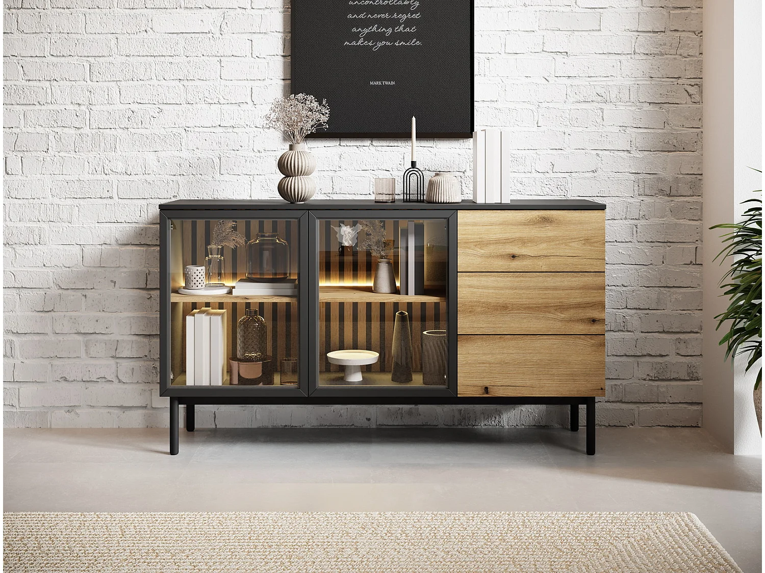 Commode 150 cm avec LED Jotare, pieds noirs 20 cm - commode avec tiroirs, 2 portes en verre - chêne Evoke