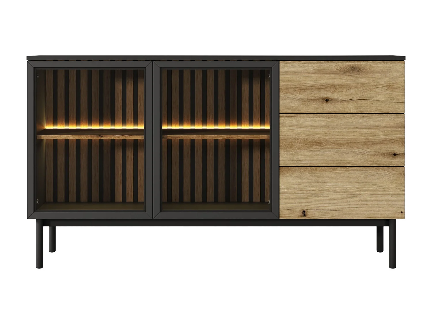 Commode 150 cm avec LED Jotare, pieds noirs 20 cm - commode avec tiroirs, 2 portes en verre - chêne Evoke