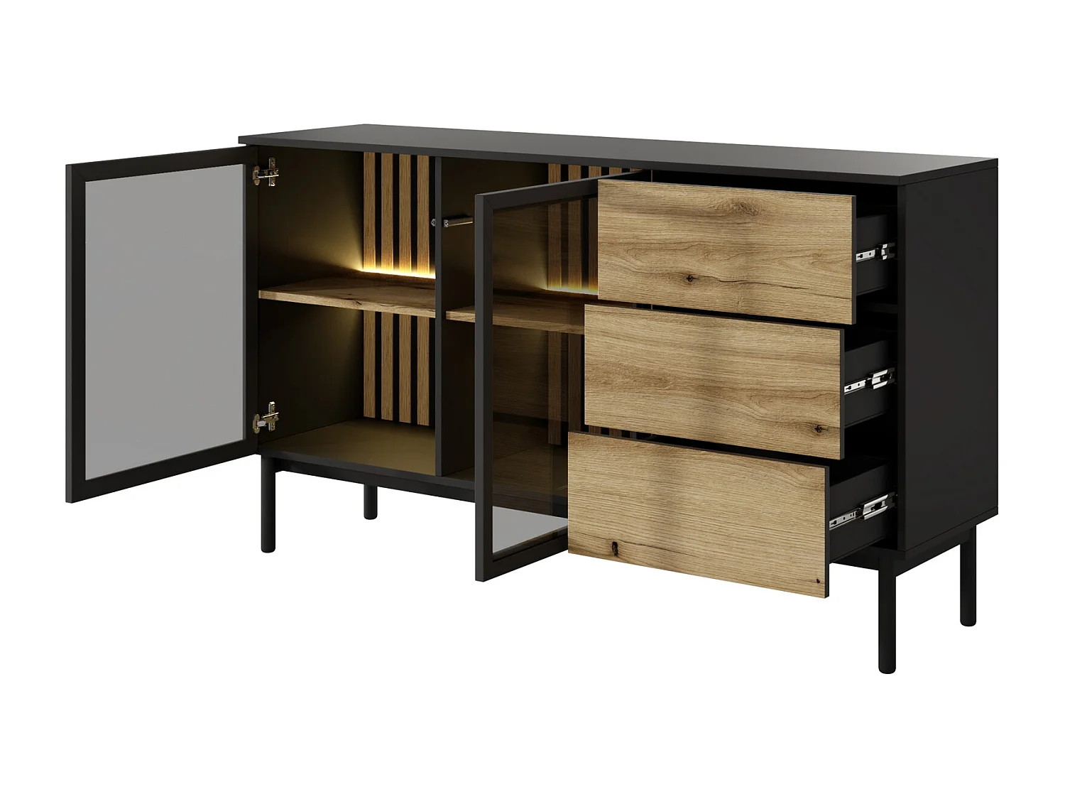 Commode 150 cm avec LED Jotare, pieds noirs 20 cm - commode avec tiroirs, 2 portes en verre - chêne Evoke