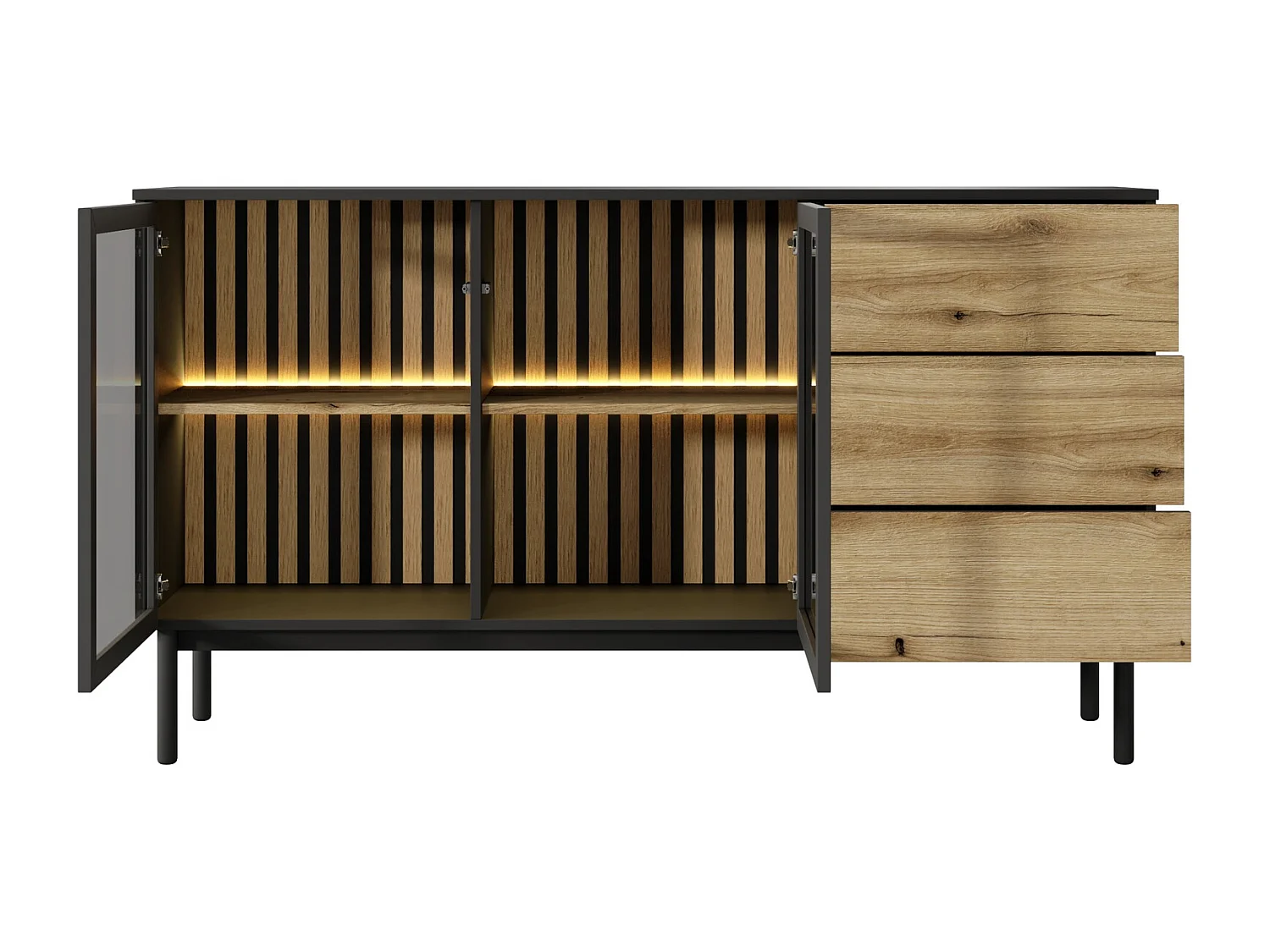 Commode 150 cm avec LED Jotare, pieds noirs 20 cm - commode avec tiroirs, 2 portes en verre - chêne Evoke