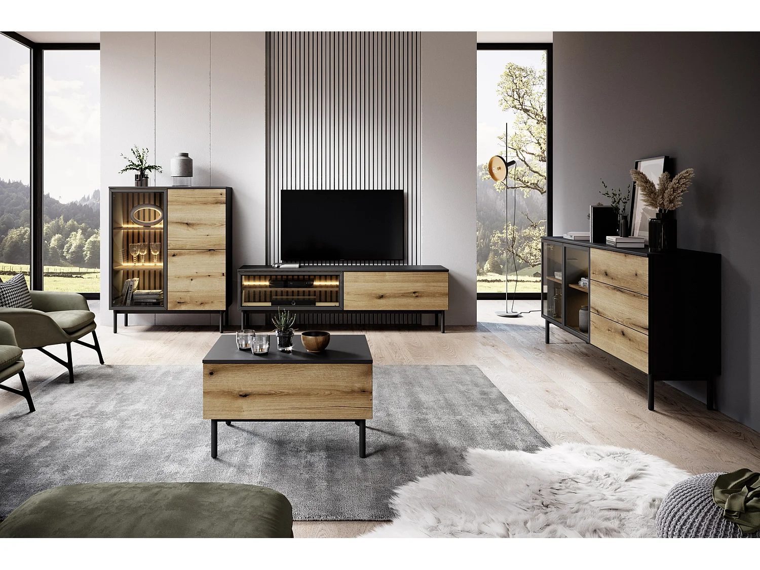 Commode 150 cm avec LED Jotare, pieds noirs 20 cm - commode avec tiroirs, 2 portes en verre - chêne Evoke