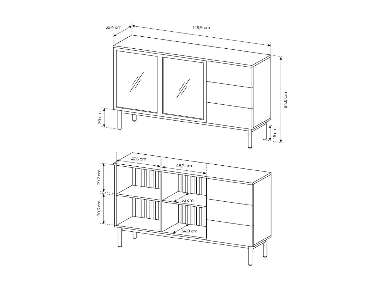 Commode 150 cm avec LED Jotare, pieds noirs 20 cm - commode avec tiroirs, 2 portes en verre - chêne Evoke