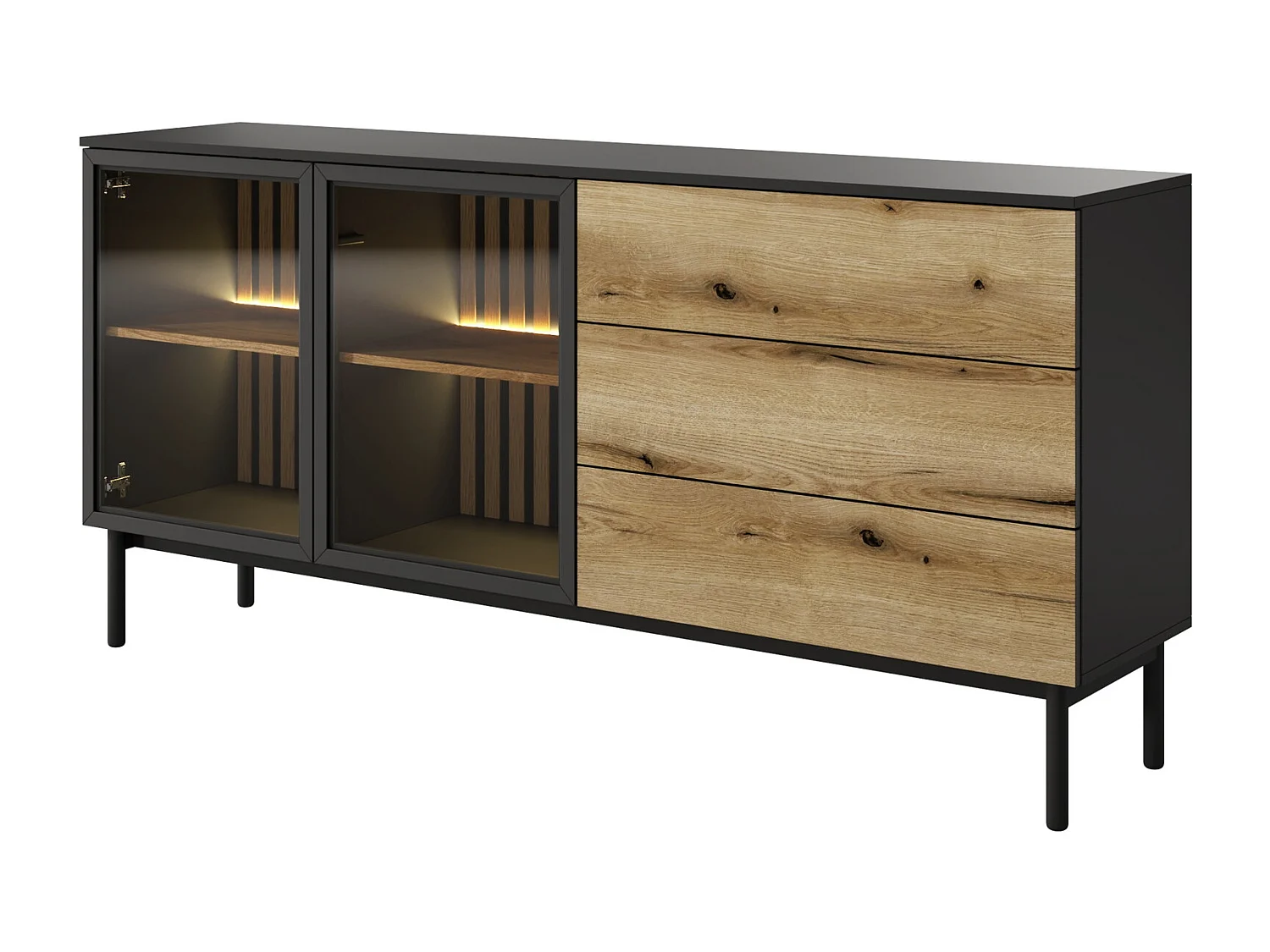 Commode 180 cm avec LED Jotare, pieds noirs 20 cm - commode avec tiroirs, 2 portes en verre - chêne Evoke