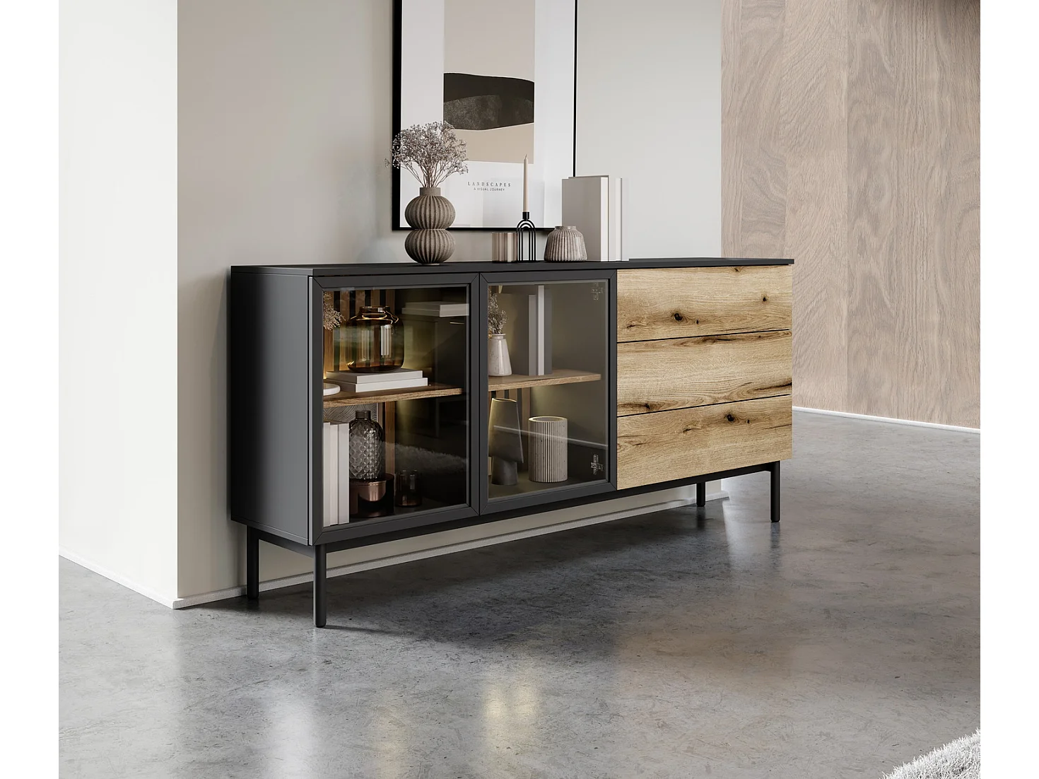 Commode 180 cm avec LED Jotare, pieds noirs 20 cm - commode avec tiroirs, 2 portes en verre - chêne Evoke
