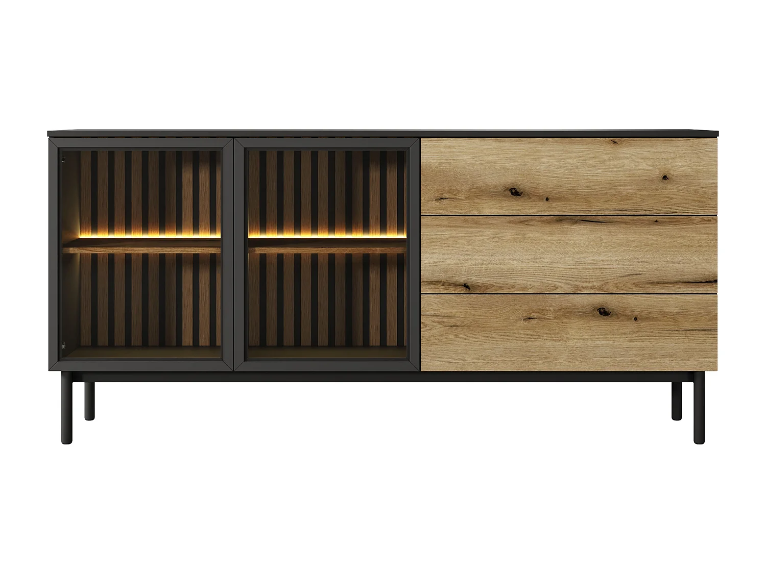 Commode 180 cm avec LED Jotare, pieds noirs 20 cm - commode avec tiroirs, 2 portes en verre - chêne Evoke