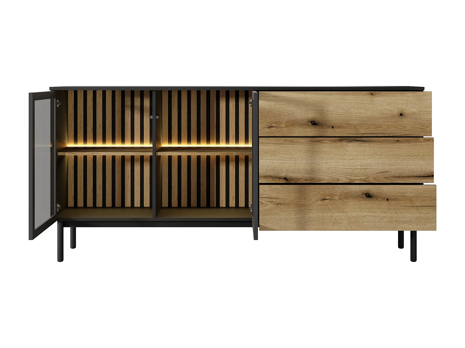 Commode 180 cm avec LED Jotare, pieds noirs 20 cm - commode avec tiroirs, 2 portes en verre - chêne Evoke