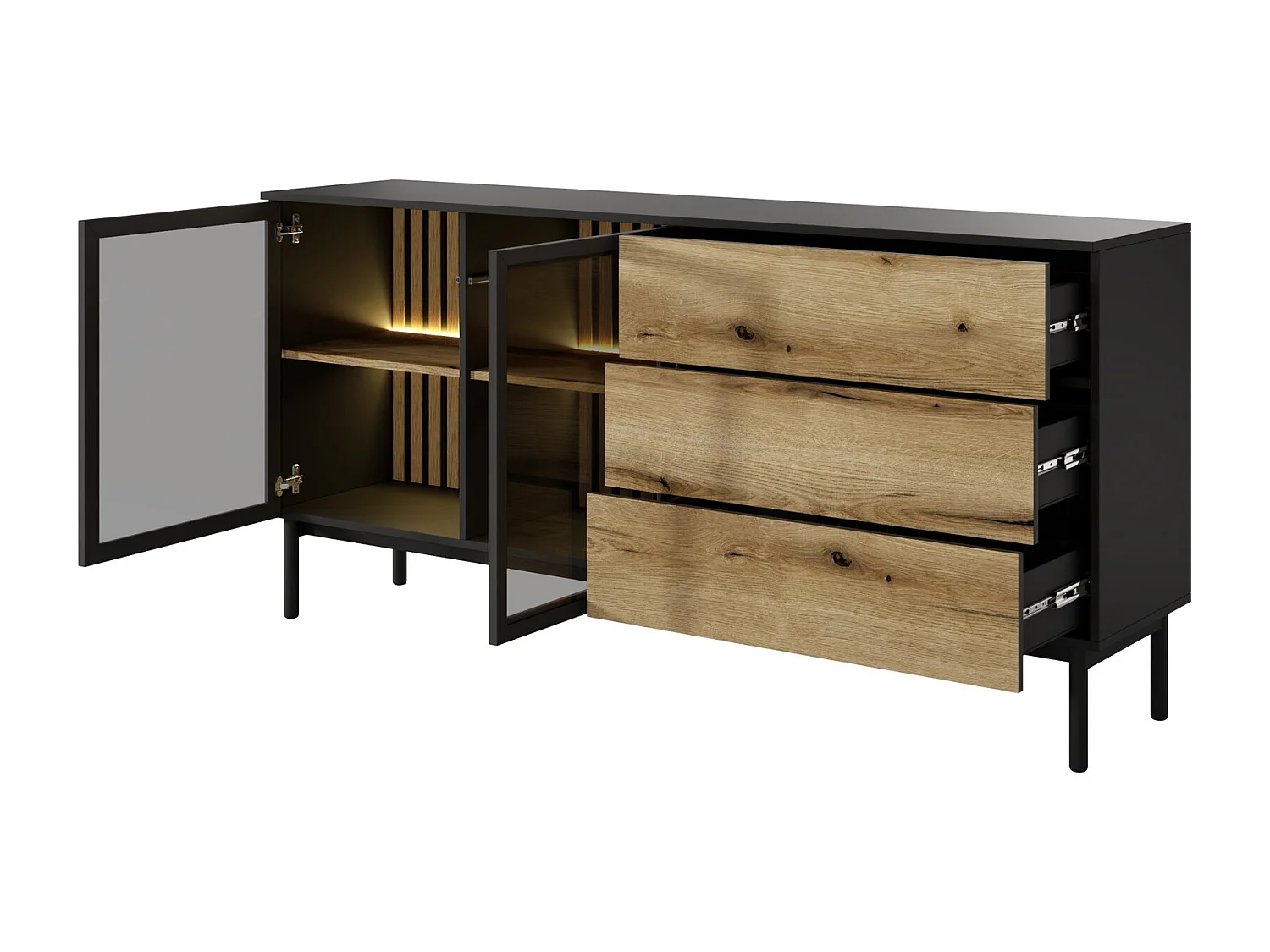 Commode 180 cm avec LED Jotare, pieds noirs 20 cm - commode avec tiroirs, 2 portes en verre - chêne Evoke