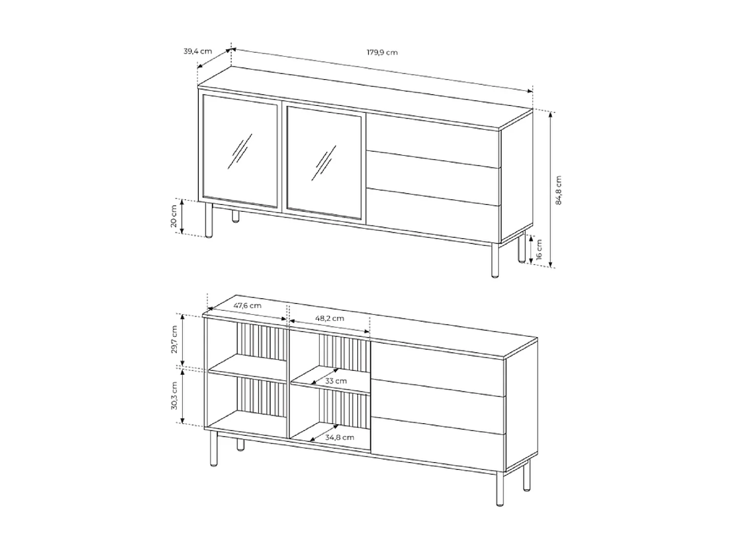Commode 180 cm avec LED Jotare, pieds noirs 20 cm - commode avec tiroirs, 2 portes en verre - chêne Evoke