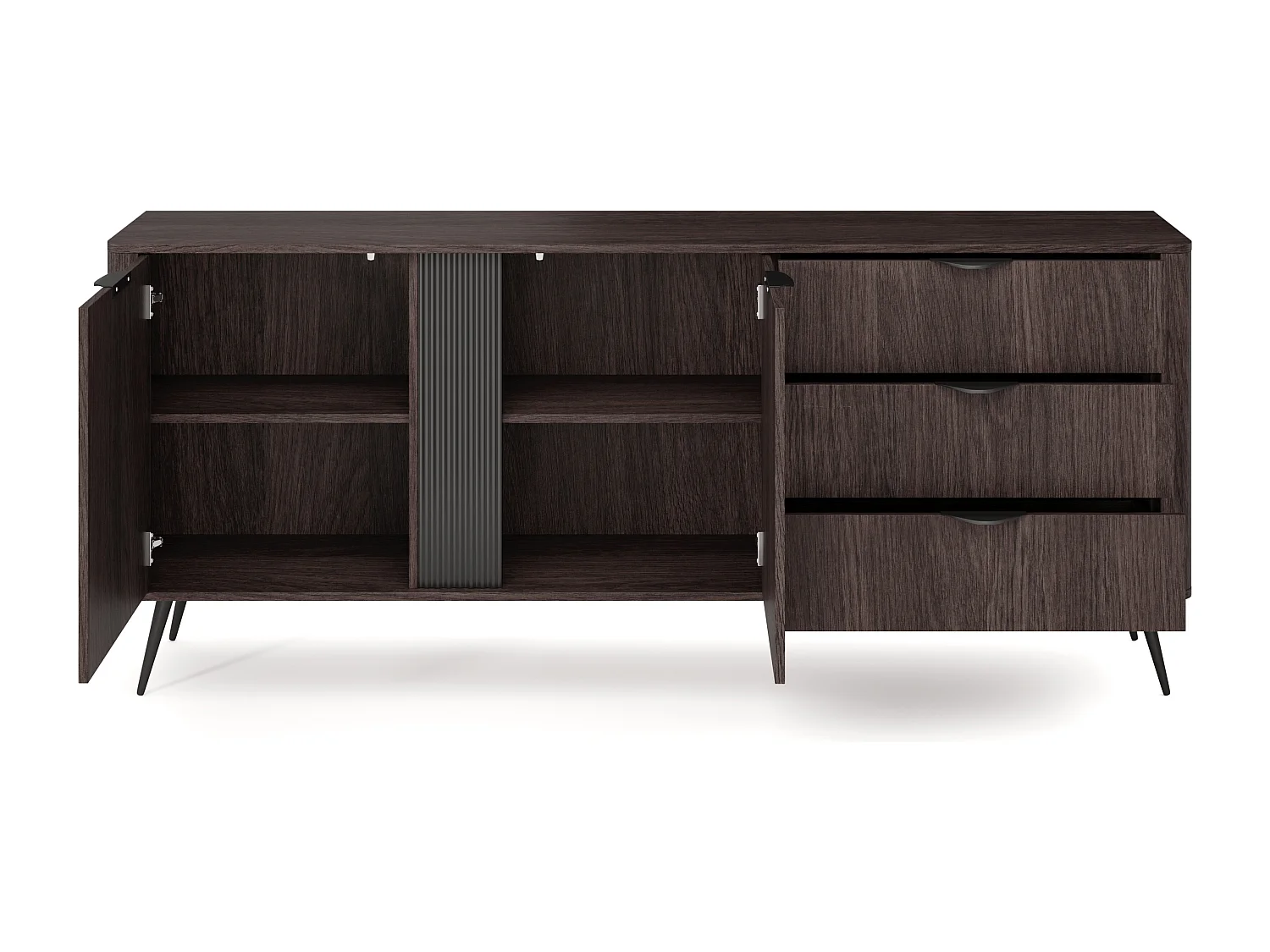 Brede commode 195 cm Estera op poten, 2 deuren, 3 lades - commode voor de woonkamer, donker hout - eik Dunin