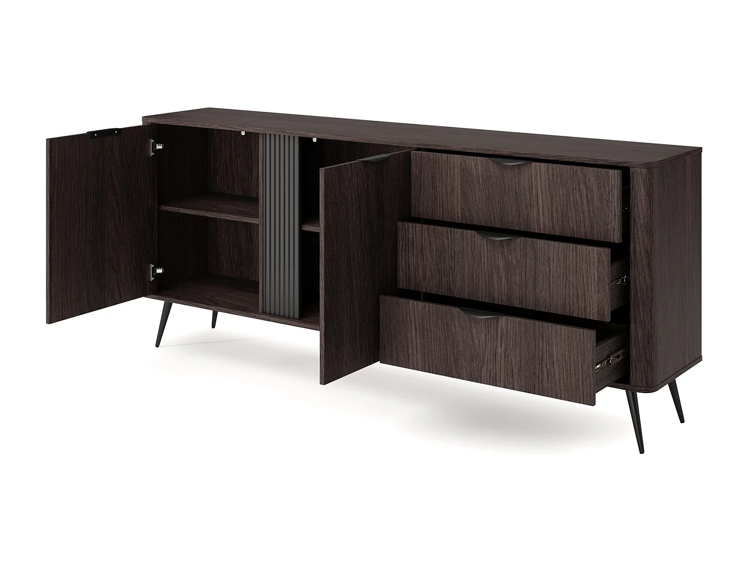 Brede commode 195 cm Estera op poten, 2 deuren, 3 lades - commode voor de woonkamer, donker hout - eik Dunin