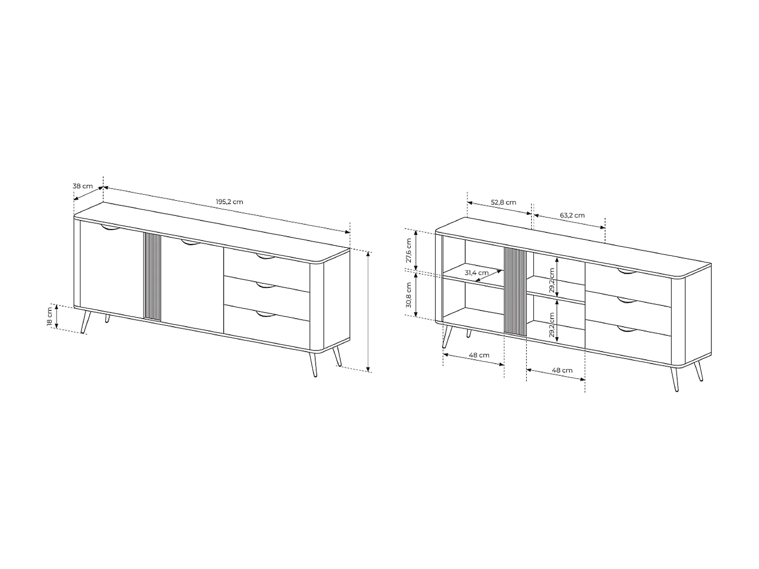 Brede commode 195 cm Estera op poten, 2 deuren, 3 lades - commode voor de woonkamer, donker hout - eik Dunin