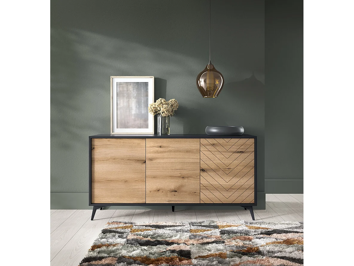 Commode 150 cm Emerald - buffet loft avec 3 portes, chêne Evoke