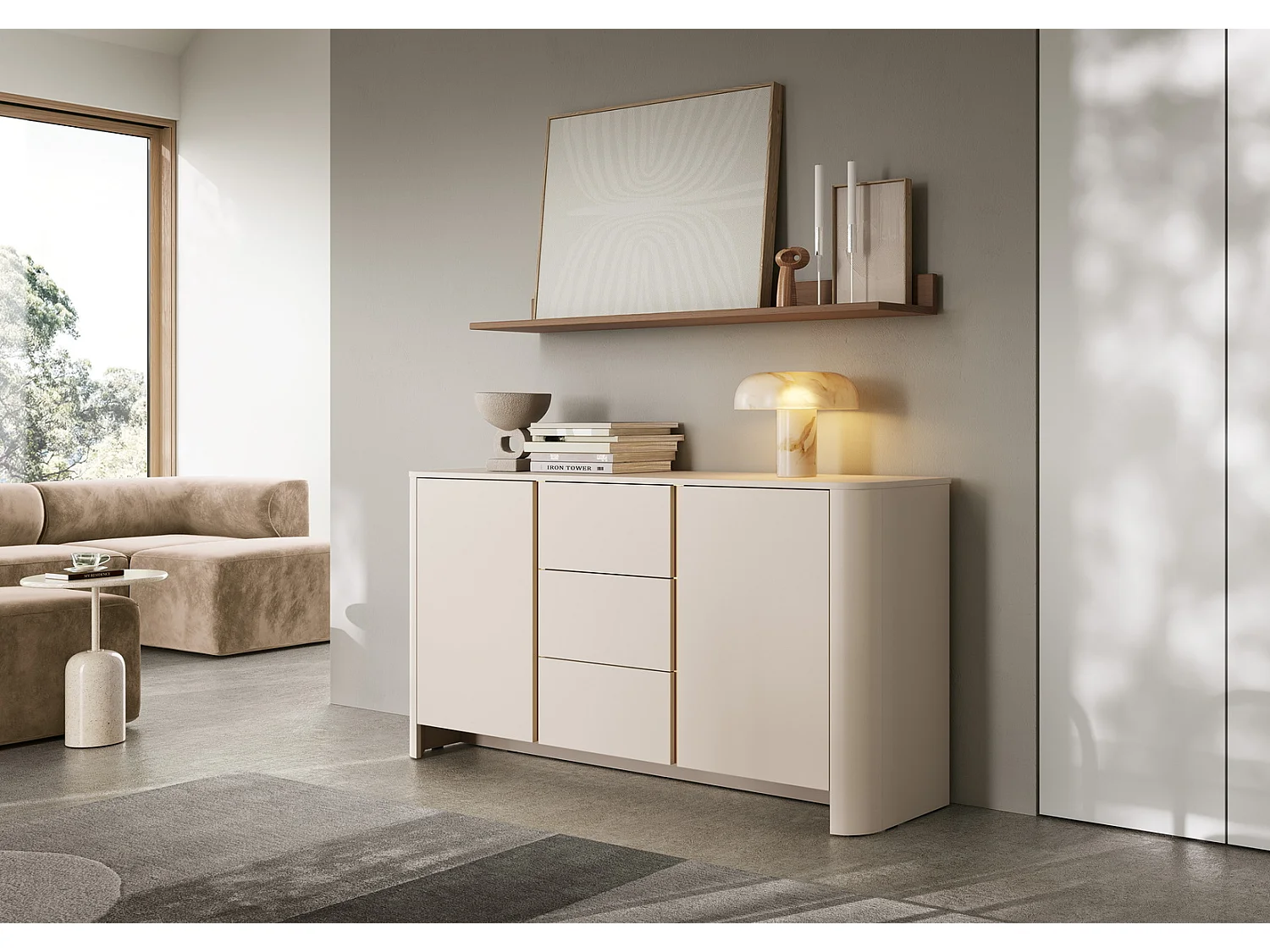 Kasjmier dressoir 170 cm voor woonkamer Mezzano, kast met lades, tweedeurs