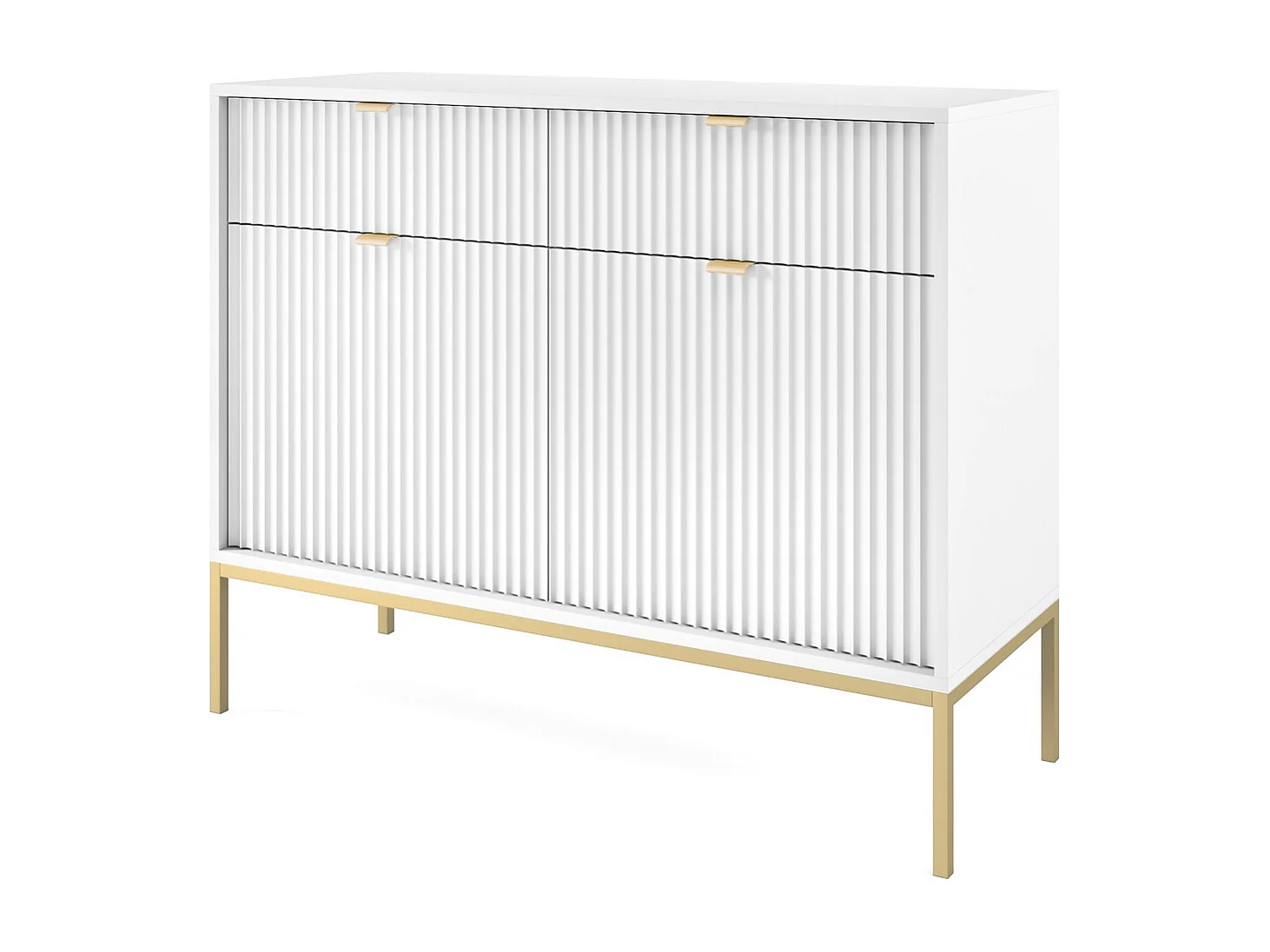 Commode pour salon Galla - Commode 100 cm, 2 tiroirs, façades ondulées, Blanc + Or
