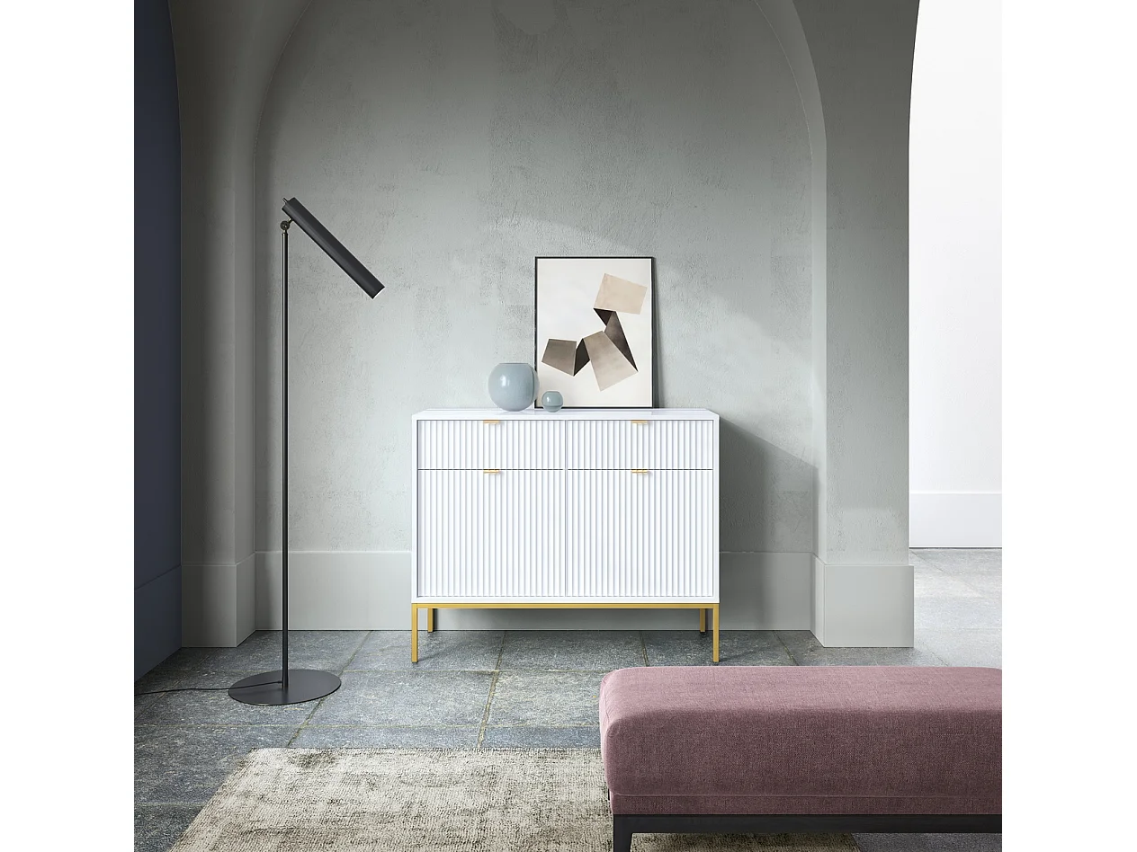 Commode pour salon Galla - Commode 100 cm, 2 tiroirs, façades ondulées, Blanc + Or