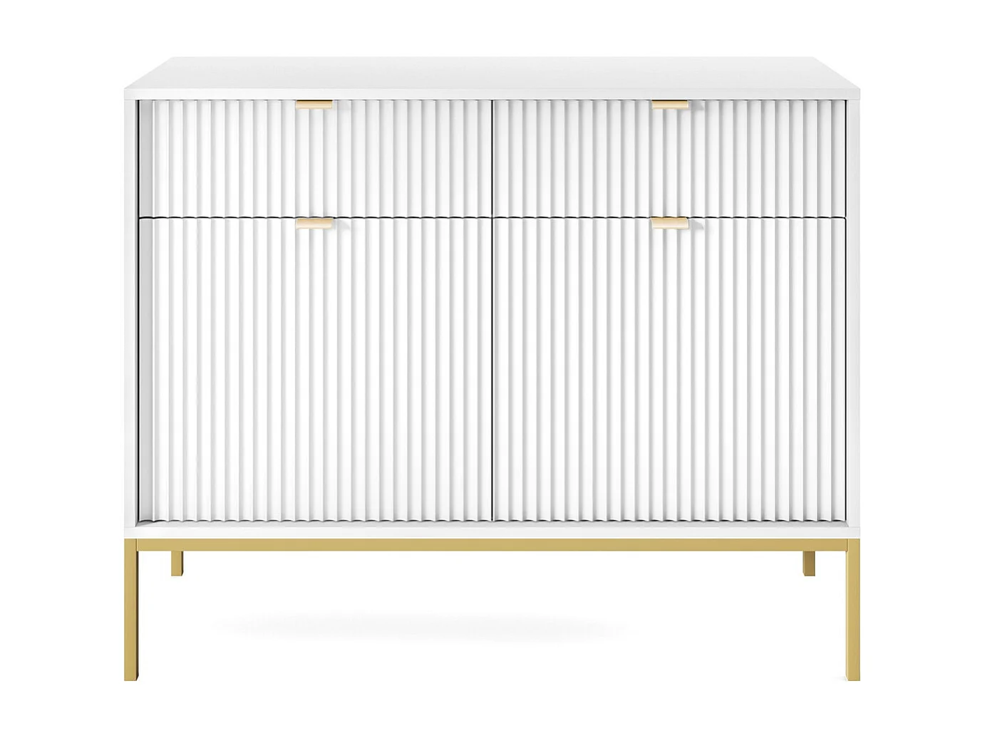Commode pour salon Galla - Commode 100 cm, 2 tiroirs, façades ondulées, Blanc + Or