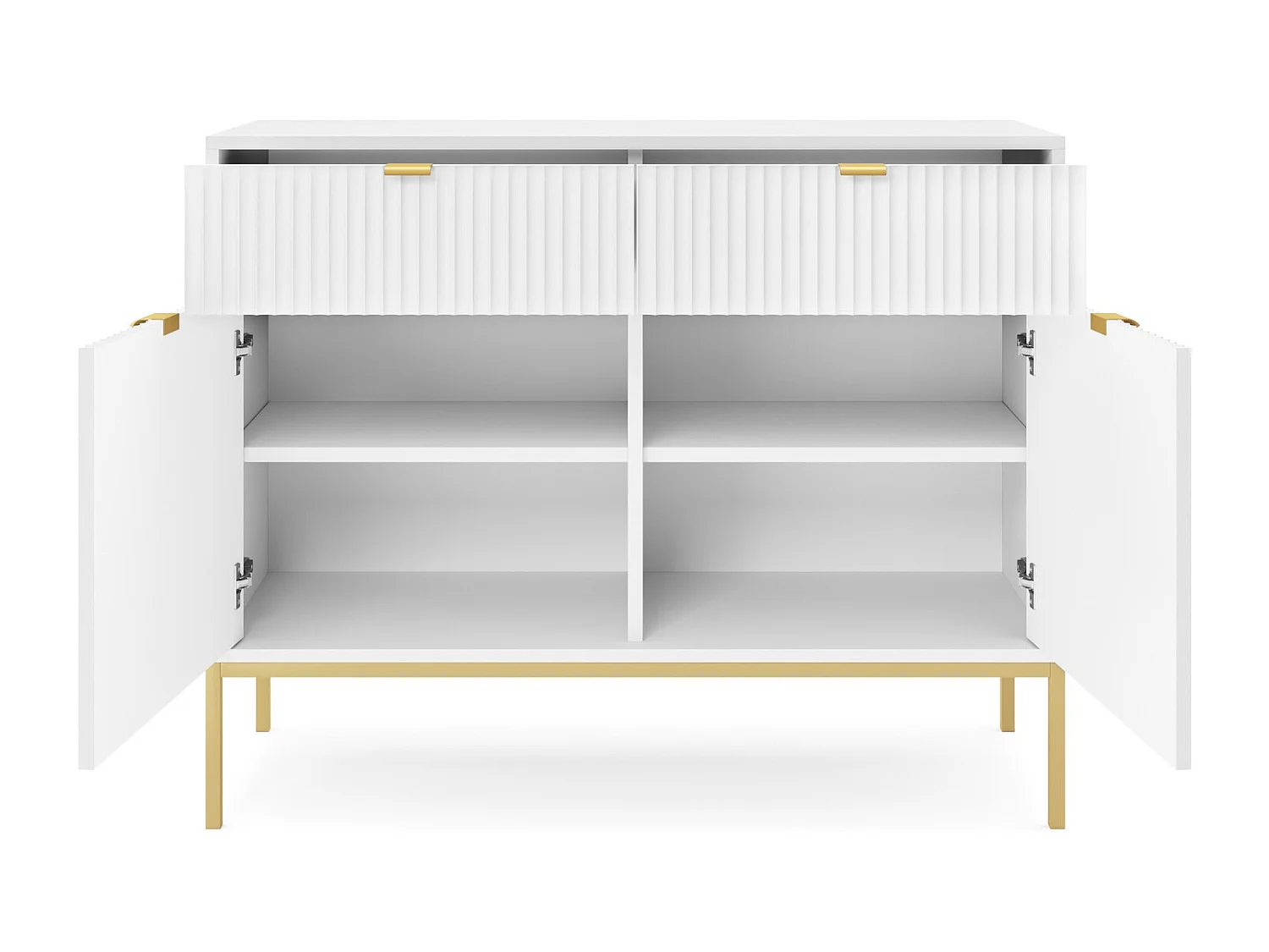 Commode pour salon Galla - Commode 100 cm, 2 tiroirs, façades ondulées, Blanc + Or