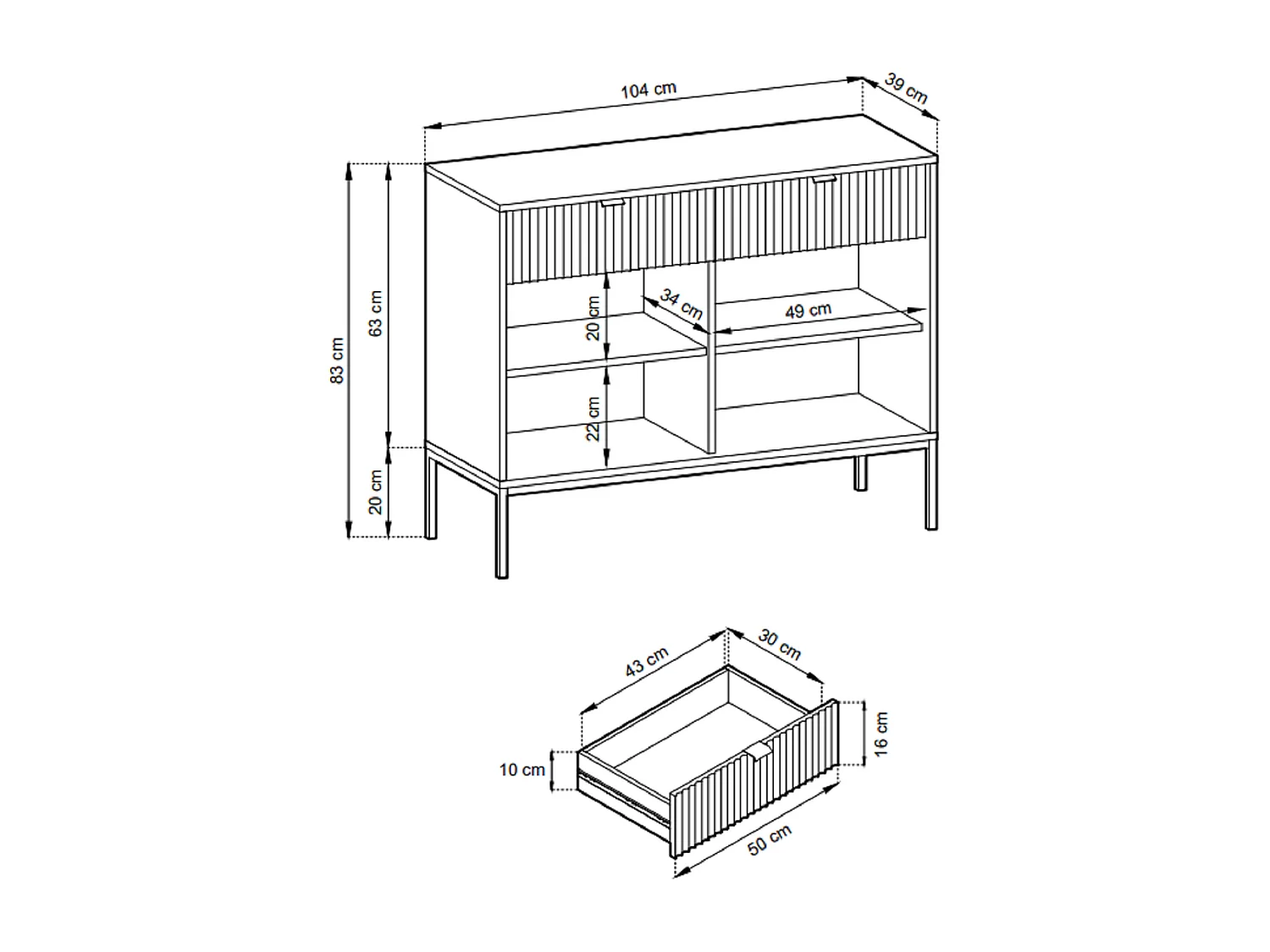 Commode pour salon Galla - Commode 100 cm, 2 tiroirs, façades ondulées, Blanc + Or