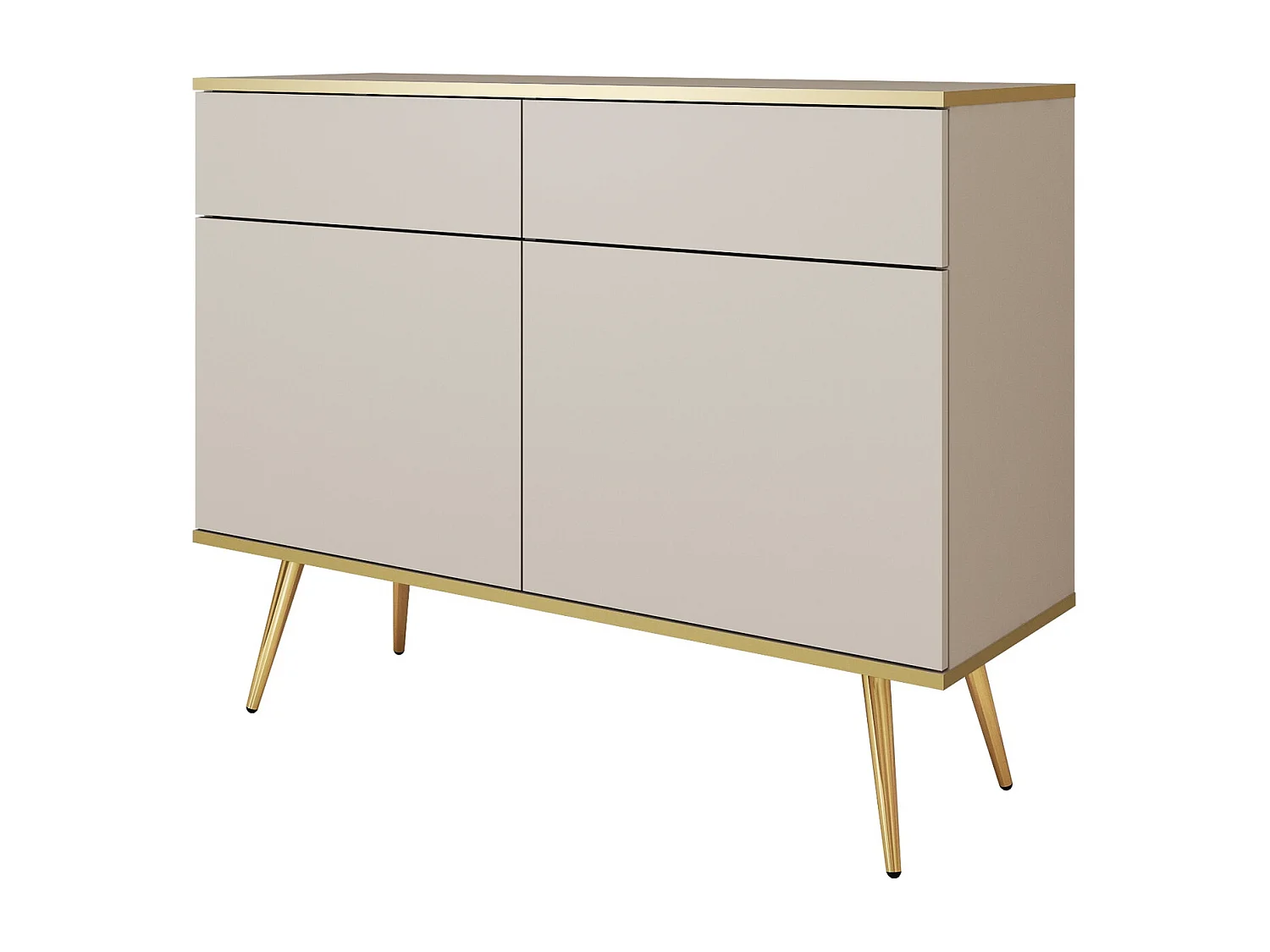 Commode avec tiroirs 107 cm Rodi, 2 portes, sur pieds - meuble de salon, beige + or