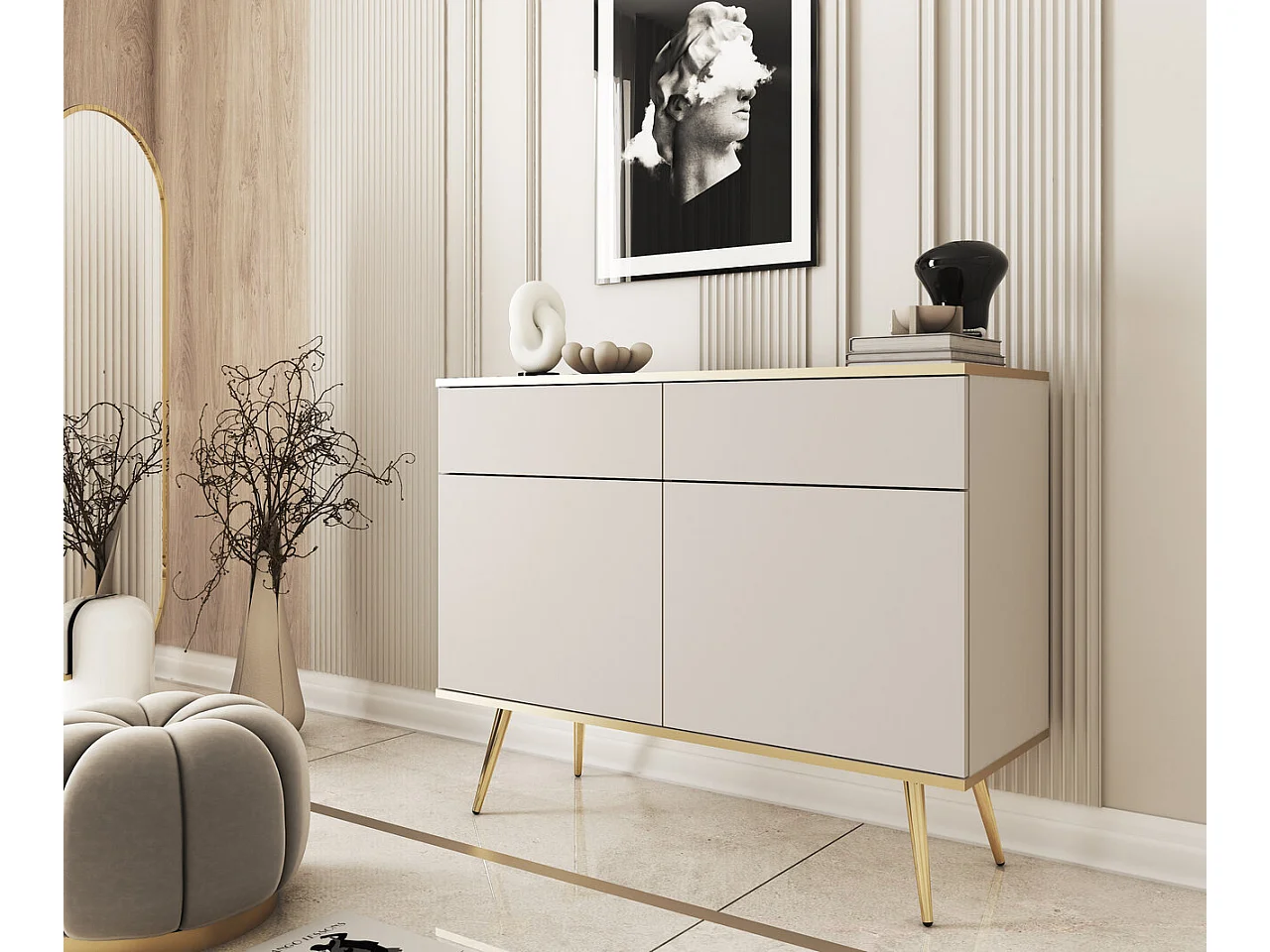 Commode avec tiroirs 107 cm Rodi, 2 portes, sur pieds - meuble de salon, beige + or