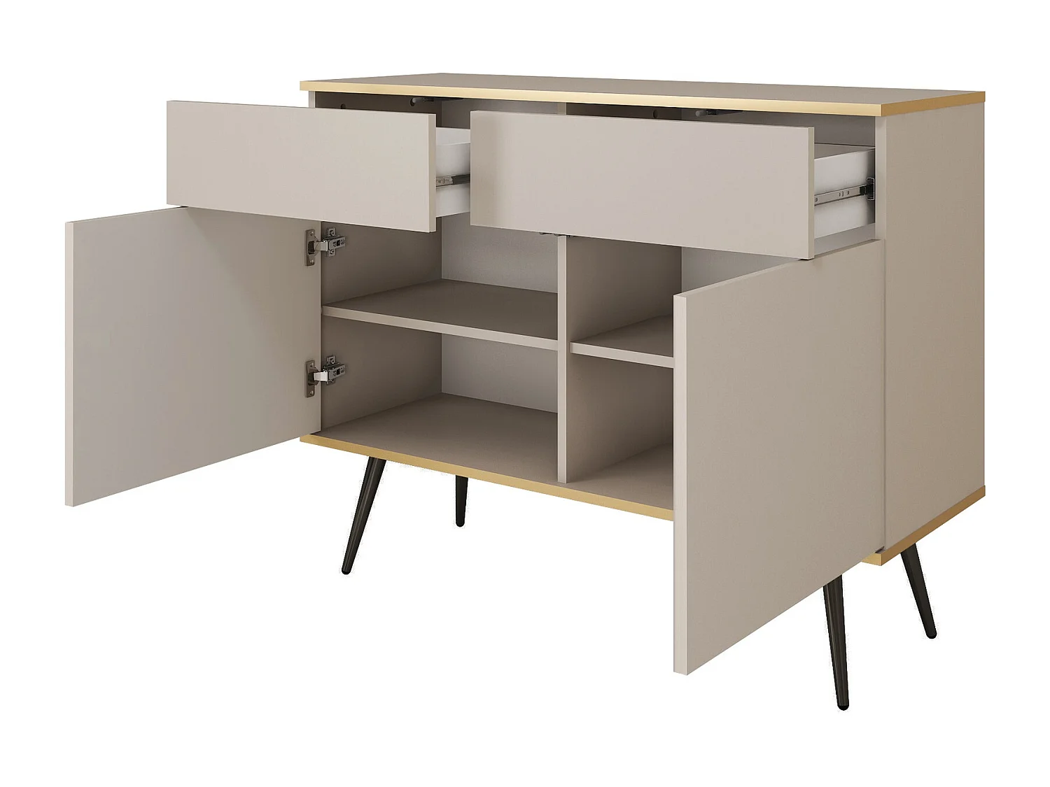 Commode avec tiroirs 107 cm Rodi, 2 portes, sur pieds - meuble de salon, beige + or
