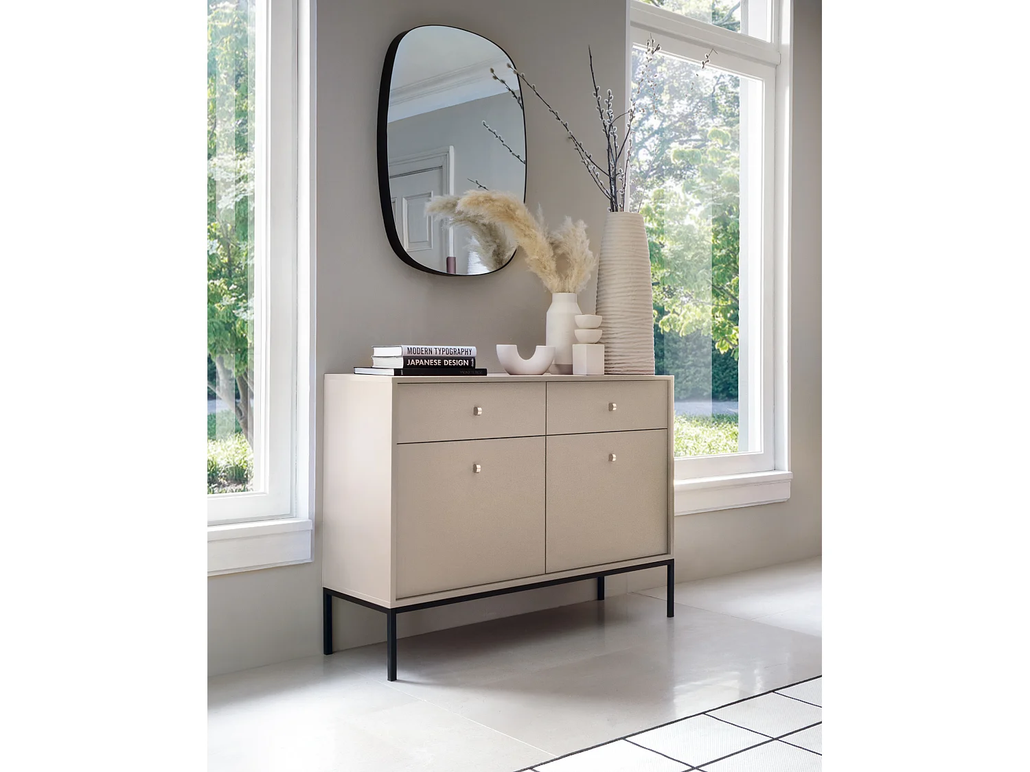 Commode met lades Monti op poten - 2 deuren, 100 cm, beige + zwart