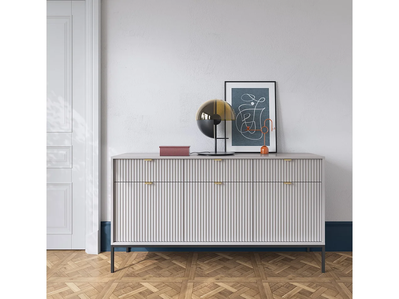 Woonkamerkast Galla - dressoir 150 cm met lades, grijs + zwart