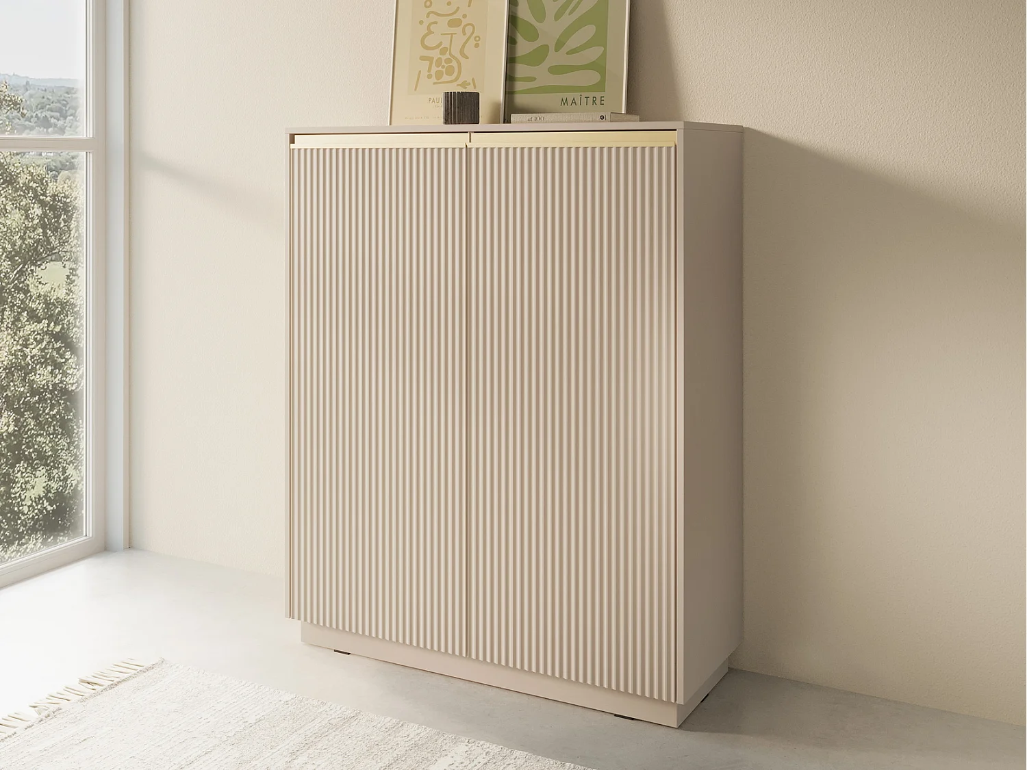 Commode haute 130 cm Baron - façades rainurées, commode 2 portes - beige