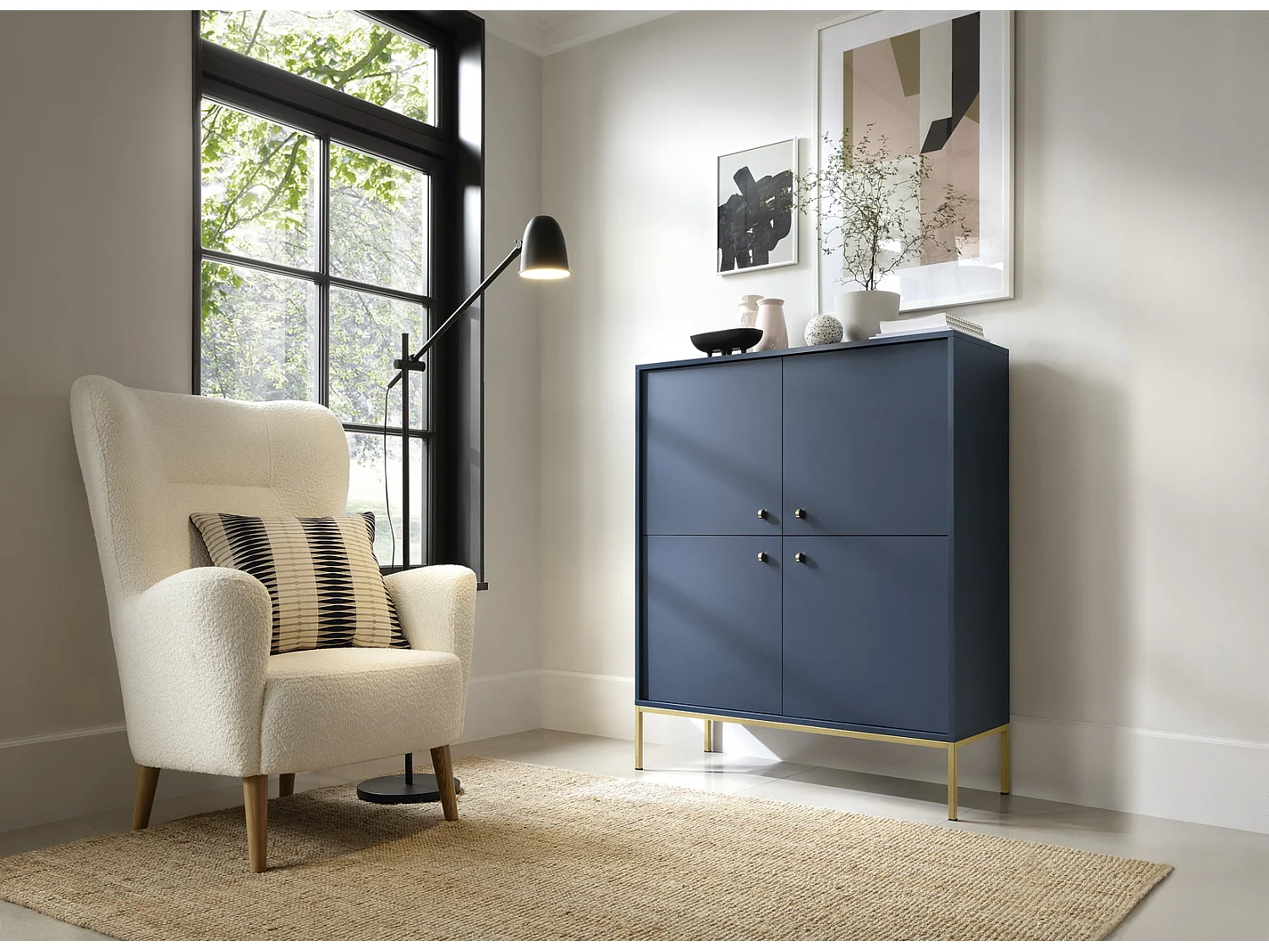 Buffet 4 portes Monti - pieds, commode 125 cm, bleu marine + or