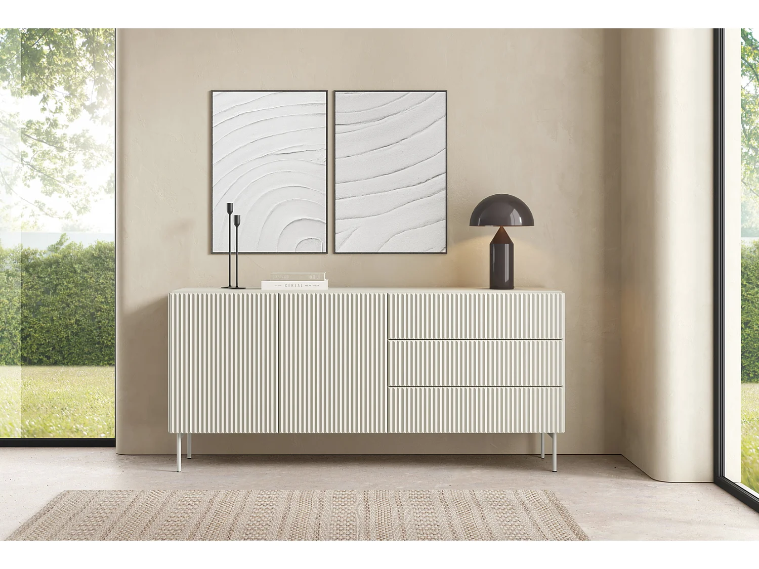 Commode avec tiroirs 177 cm Galiano - 2 portes, pieds hauts, commode rainurée cachemire