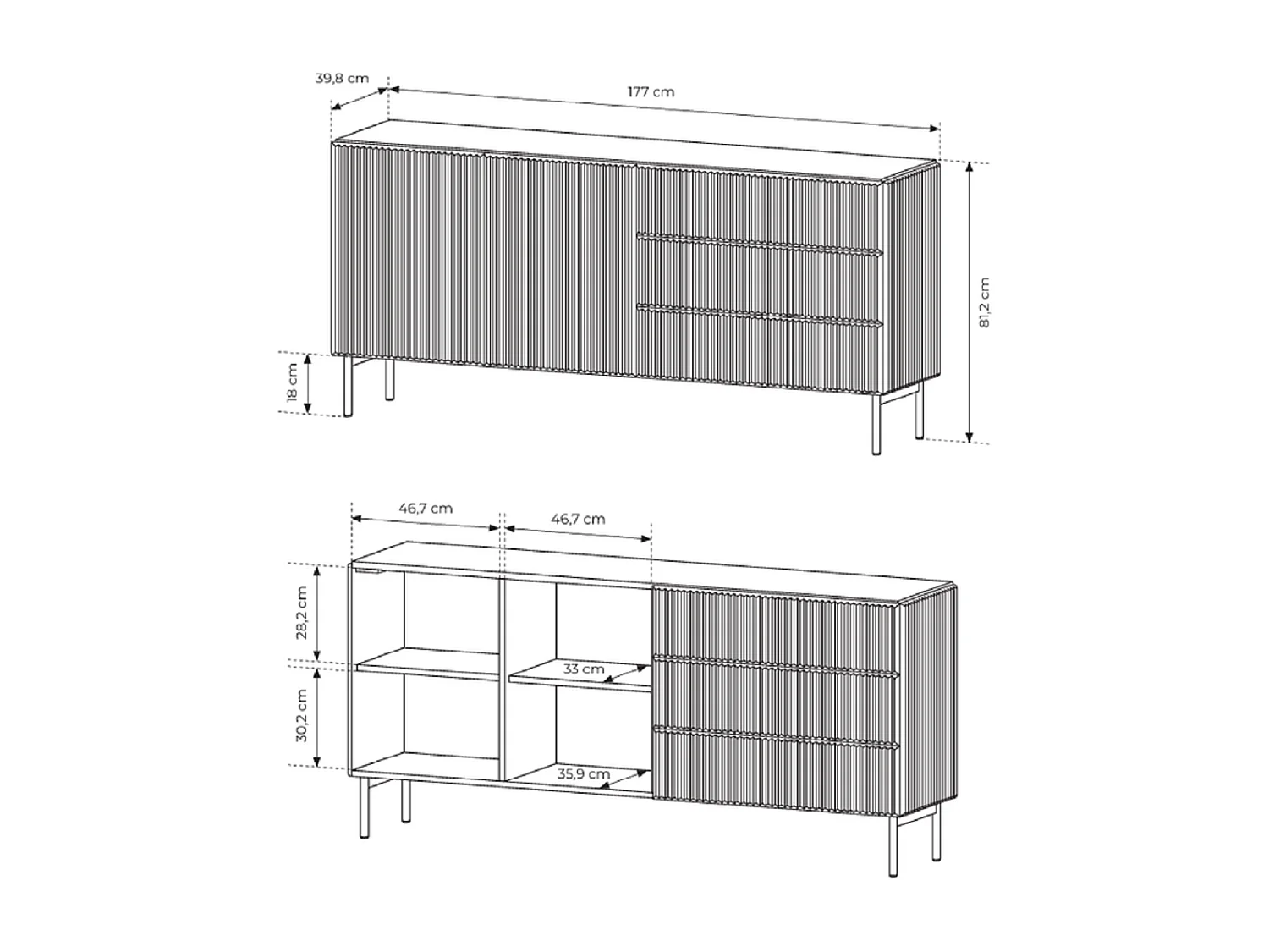 Commode avec tiroirs 177 cm Galiano - 2 portes, pieds hauts, commode rainurée cachemire