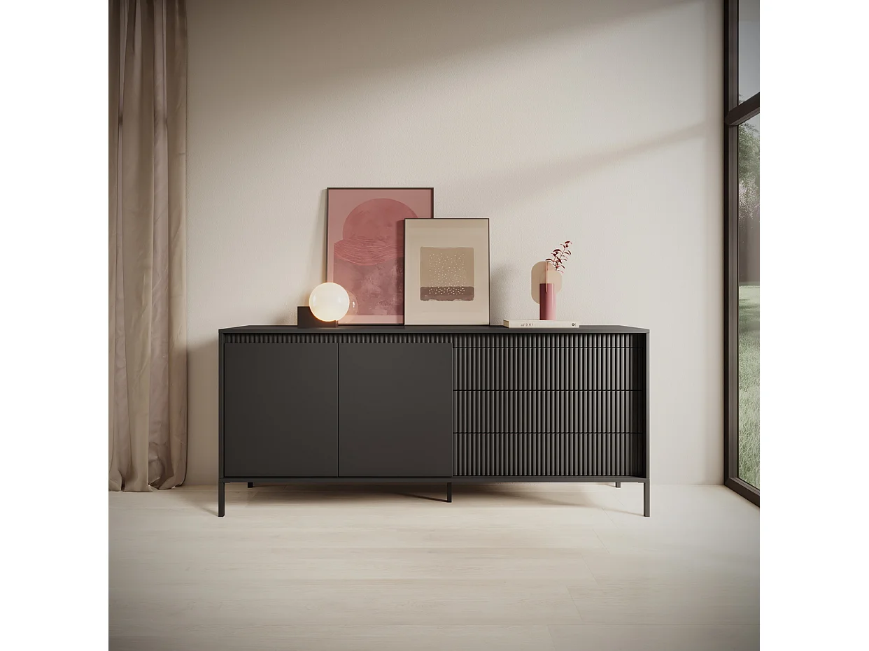 Commode 2 portes Santori - commode noir 187 cm sur pieds, 3 tiroirs