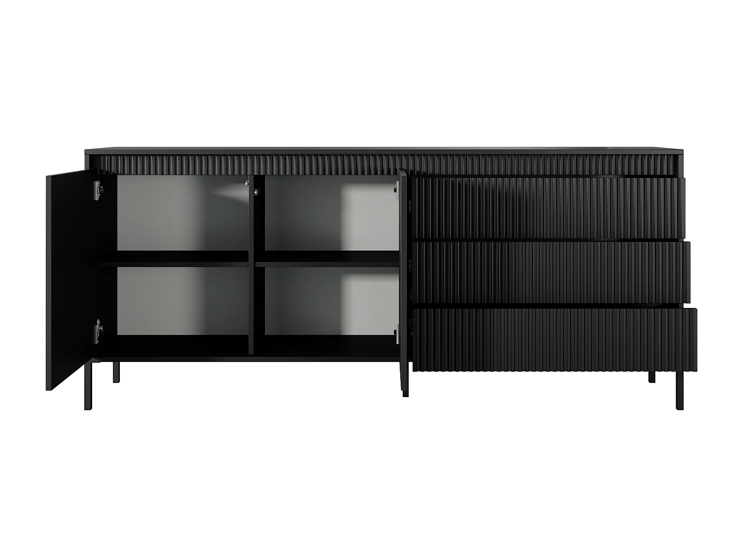Commode 2 portes Santori - commode noir 187 cm sur pieds, 3 tiroirs