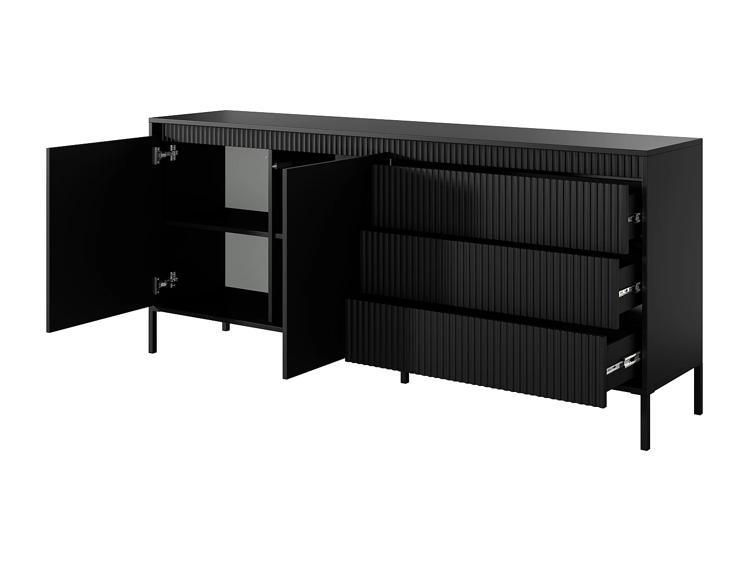 Commode 2 portes Santori - commode noir 187 cm sur pieds, 3 tiroirs