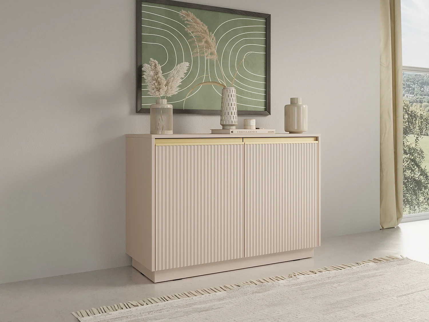 Kleine 2-deurs commode Baron - geribbelde fronten, soft-close, 100 cm, beige
